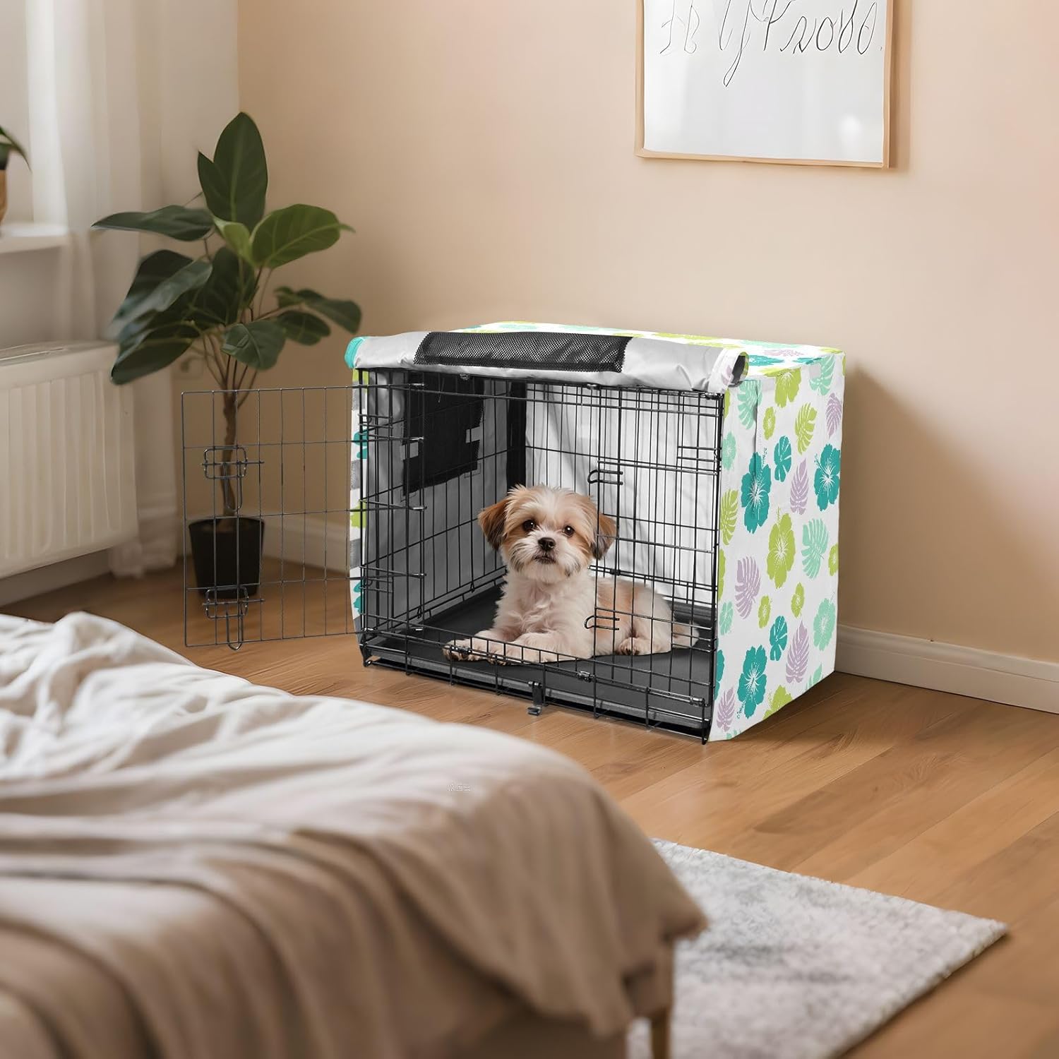 Tropical Hibiscus Flowers Dog Crate Cover 600D Oxford Pet Kennel Cover with Mesh Window for Dog Cages, Windproof Waterproof Machine Washable, 42"x28"x30"
