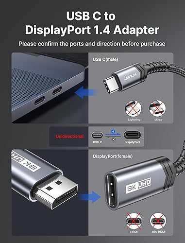 Miniatura 2 de JSAUX Adaptador USB C a DisplayPort 1.4 [8K @60Hz, 4K @144Hz 120Hz, 2K @240Hz] Dynamic HDR, 3D Thunderbolt4/3 a puerto de pantalla compatible con