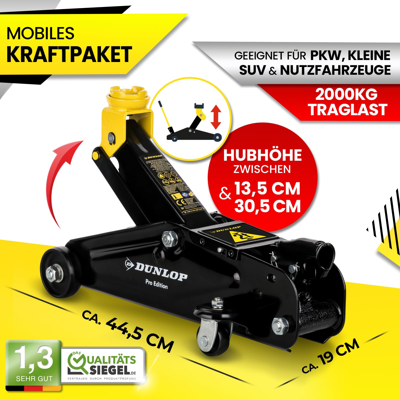 DUNLOP Wagenheber hydraulisch PRO Edition - Reifen wechseln in Bestzeit - 2t hydraulischer Rangierwagenheber für Auto PKW Kfz Reifenwechsel mit Transportbox und Gummiauflage - car Jack Set