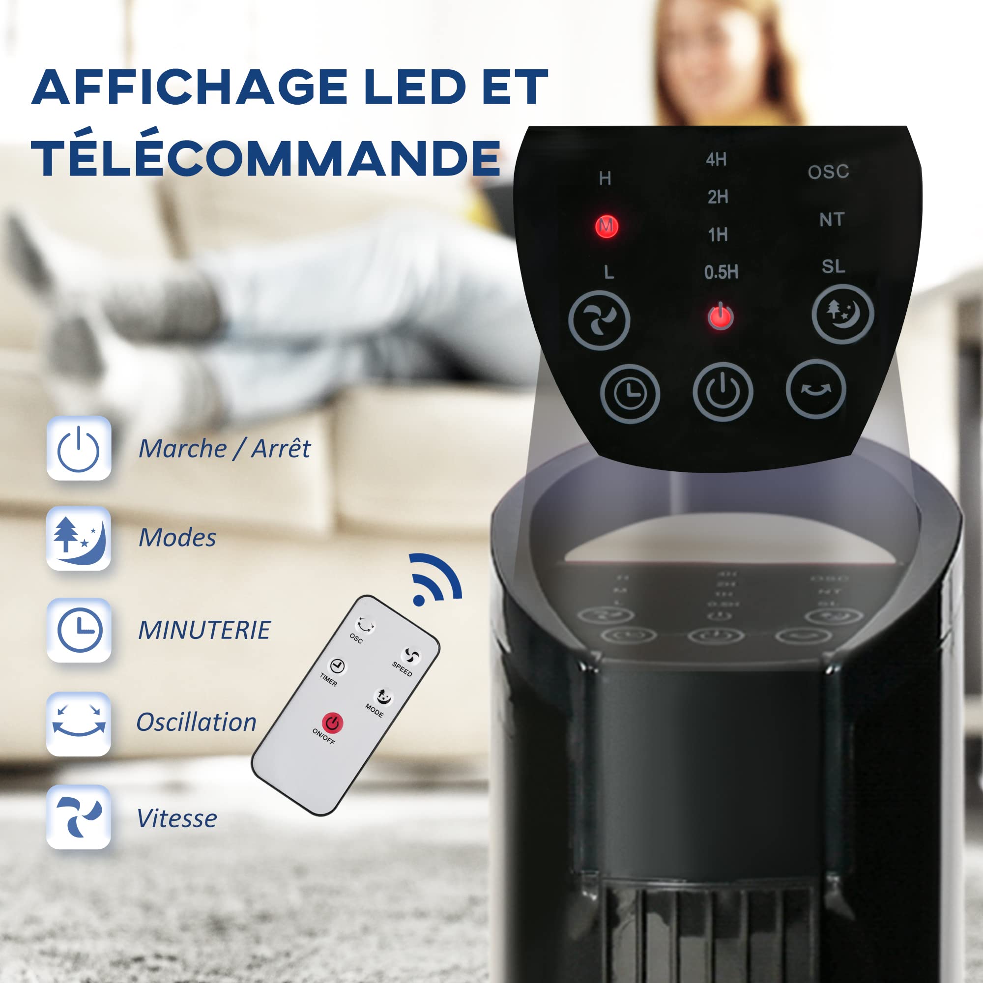 HOMCOM Ventilateur colonne silencieux 50 W, ventilateur tour pour chambre avec 3 modes 3 vitesses, télécommande, oscillant 70°, minuterie et contrôle tactile, 78,5H cm noir