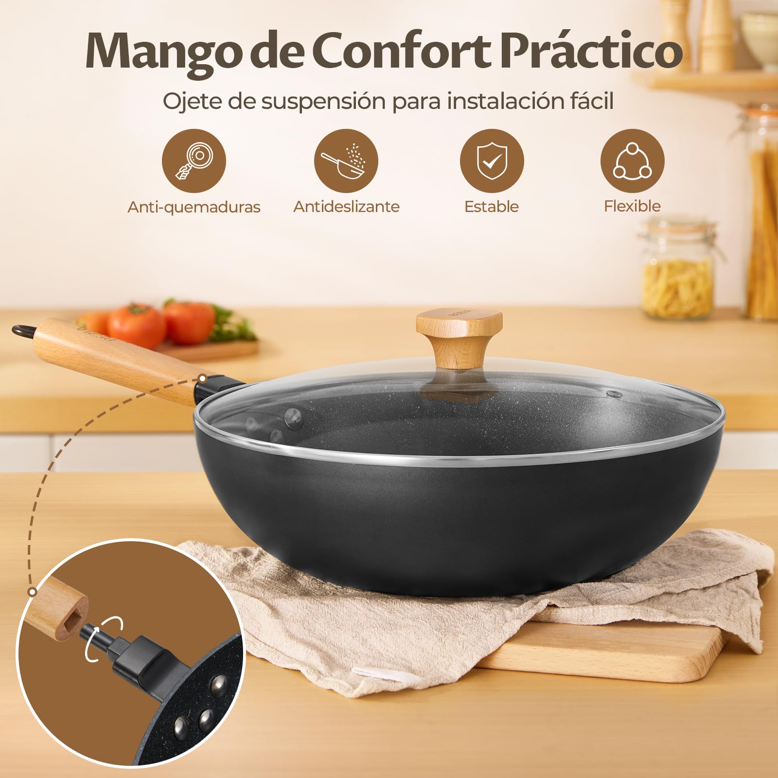 BEZIA Wok de inducción con tapa, sartén antiadherente de 30 cm
