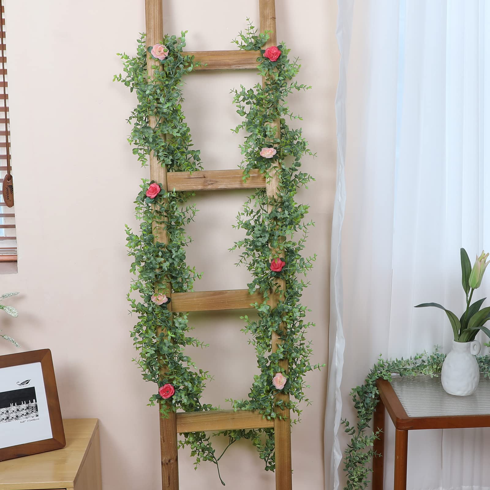 Dolicer 5 Packs Eucalyptus Garland with LED Lights String, 30Ft Faux Eucalyptus Greenery Garland, Artificial Hanging Green Eucalyptus Leaves Vine Wedding Backdrop Arch Wall Table Decor (Grey Green)