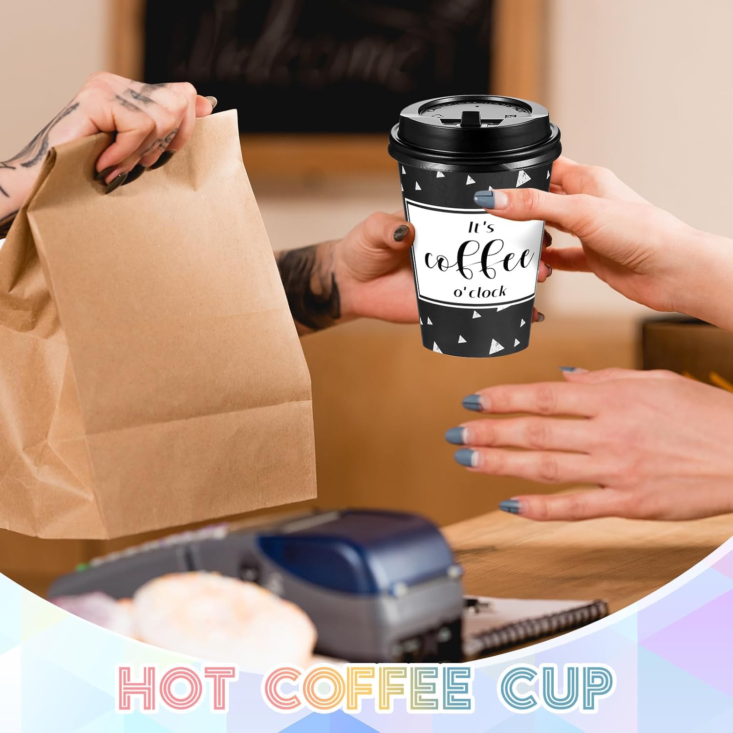 Gerrii 100 Pack Disposable Coffee Cups with Lids and Straws, Motivational Paper Cups with 6 Quotes and Designs Disposable Hot Cups for Water, Juice, Coffee, Tea, Home, Shop Cafe(Stylish Style, 16 oz) - Image 3