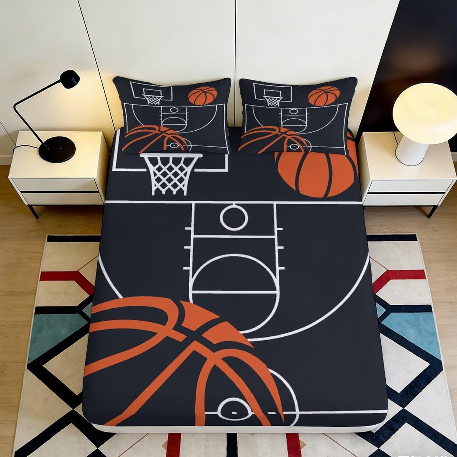 3D Printed Basketball Court Fitted Sheet Microfiber Orange Black Bed Cover for Bedroom Dorm Mattress Protection Decor 120x200x25cm