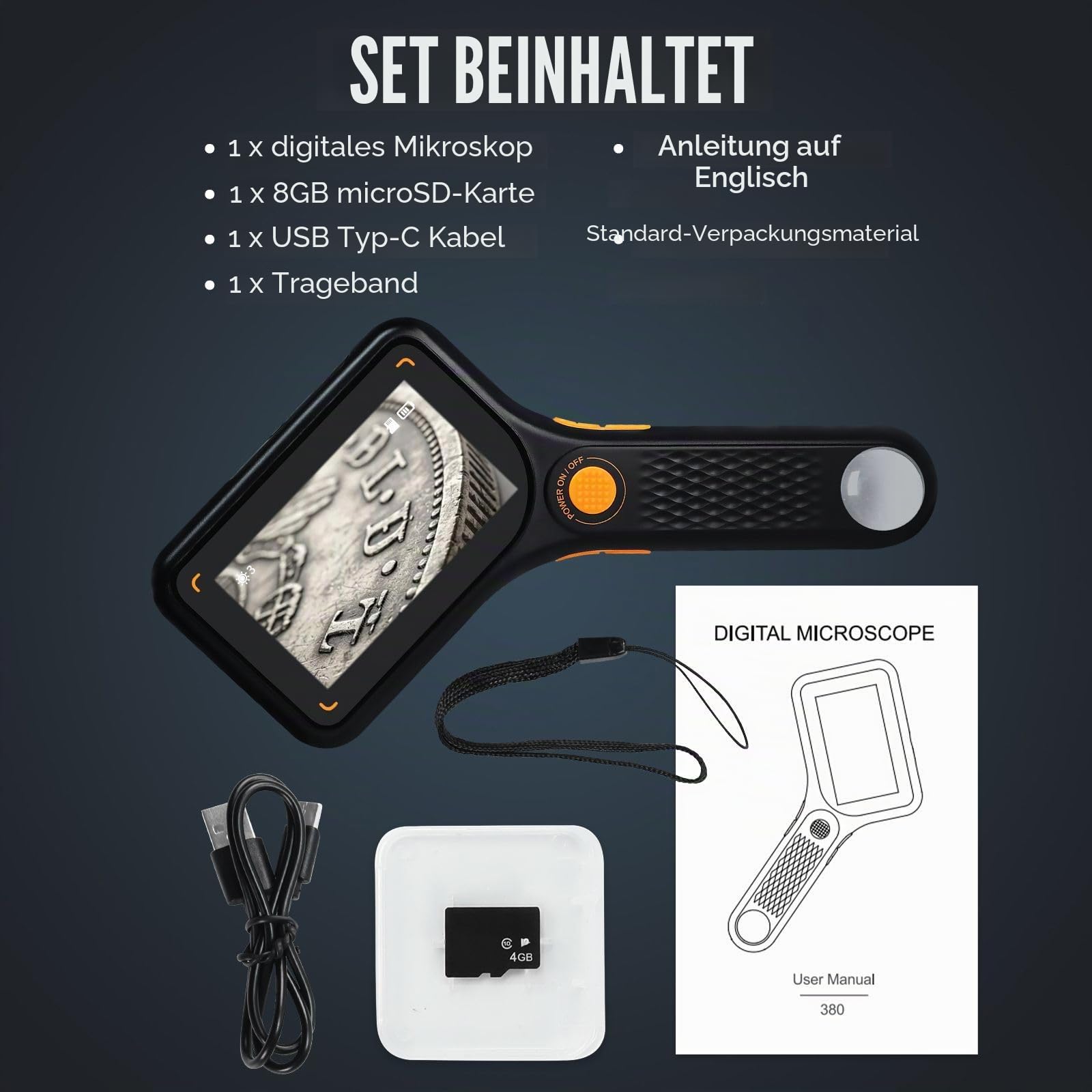 Digitales Mikroskop mit IPS-Bildschirm, Autofokus, USB-Lupe, 64 GB, Unterstützung für Münzen, Schmuck, PCB, Reparatur, Biologie, 8 LED-Leuchten für Windows, Mac, 7,6 cm Display, tragbarer