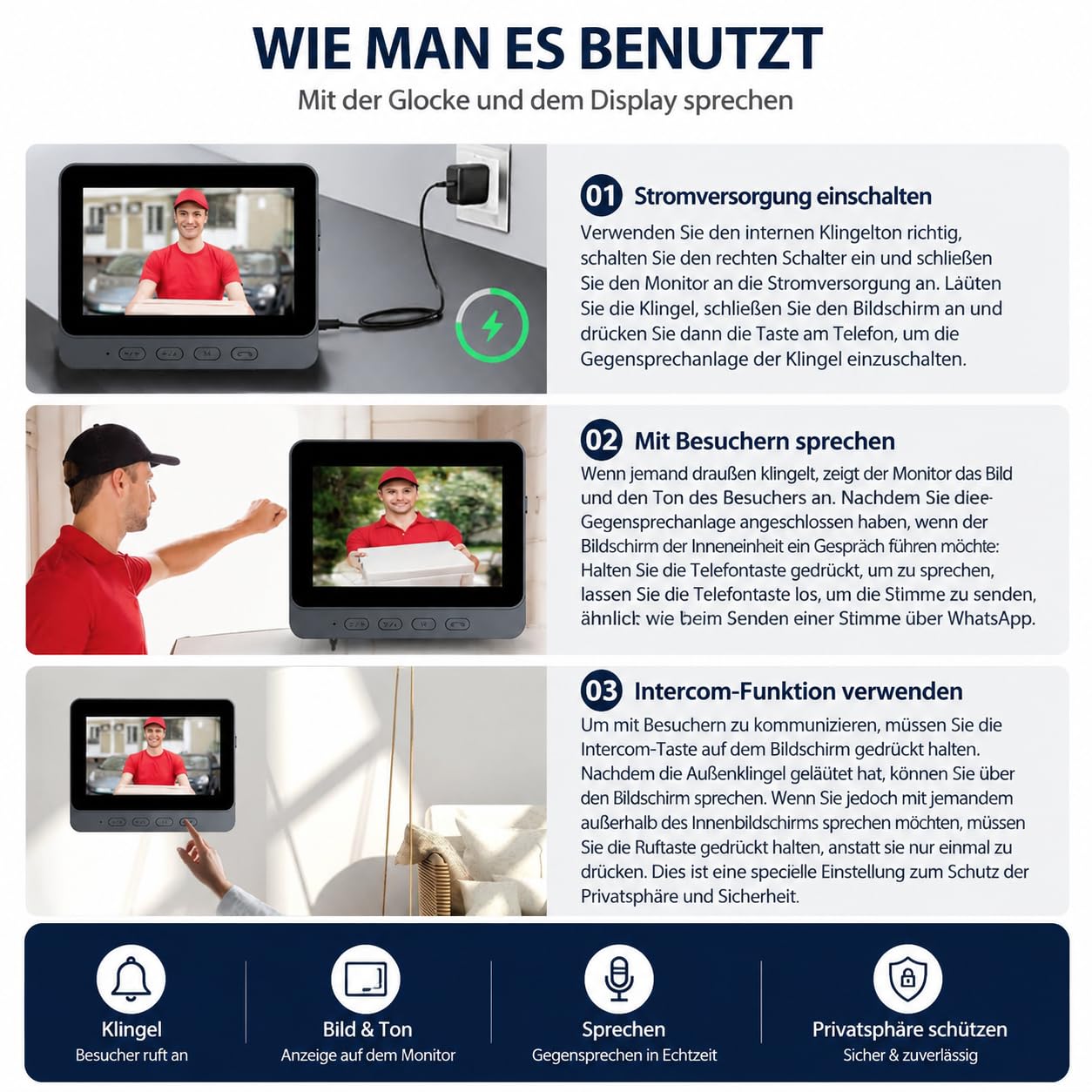 TKMARS Türklingel mit Kamera 1080P Videotürklingel Funkklingel mit Kamera IP65 Wasserdicht Smarte Türklingel mit 4,3-Zoll-Bildschirm 170 Grad Weitwinkel,Zwei-Wege-Kommunikation,Nachtsichtfunktion.