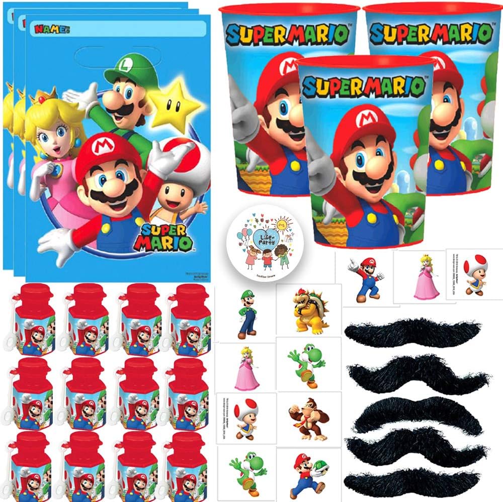 Super Mario Bros Birthday Party Favors and Goodie Bag Fillers Pack For 12 With Mario Favor Cups, Goody Bags, MINI Bubbles, Tattoos, Mustaches, and Pin