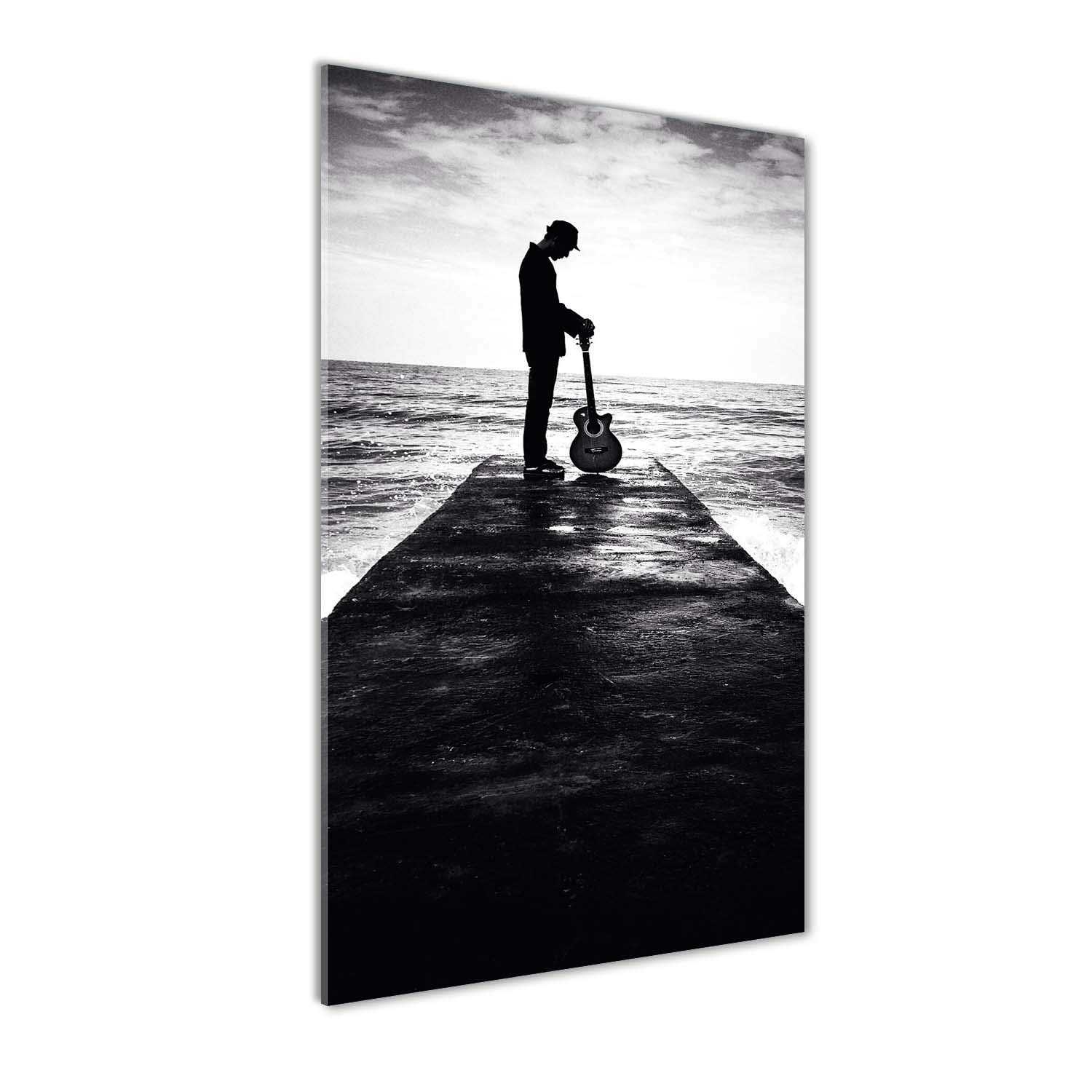 Tableau image musique guitariste sur la jetée peinture sur verre 70x140