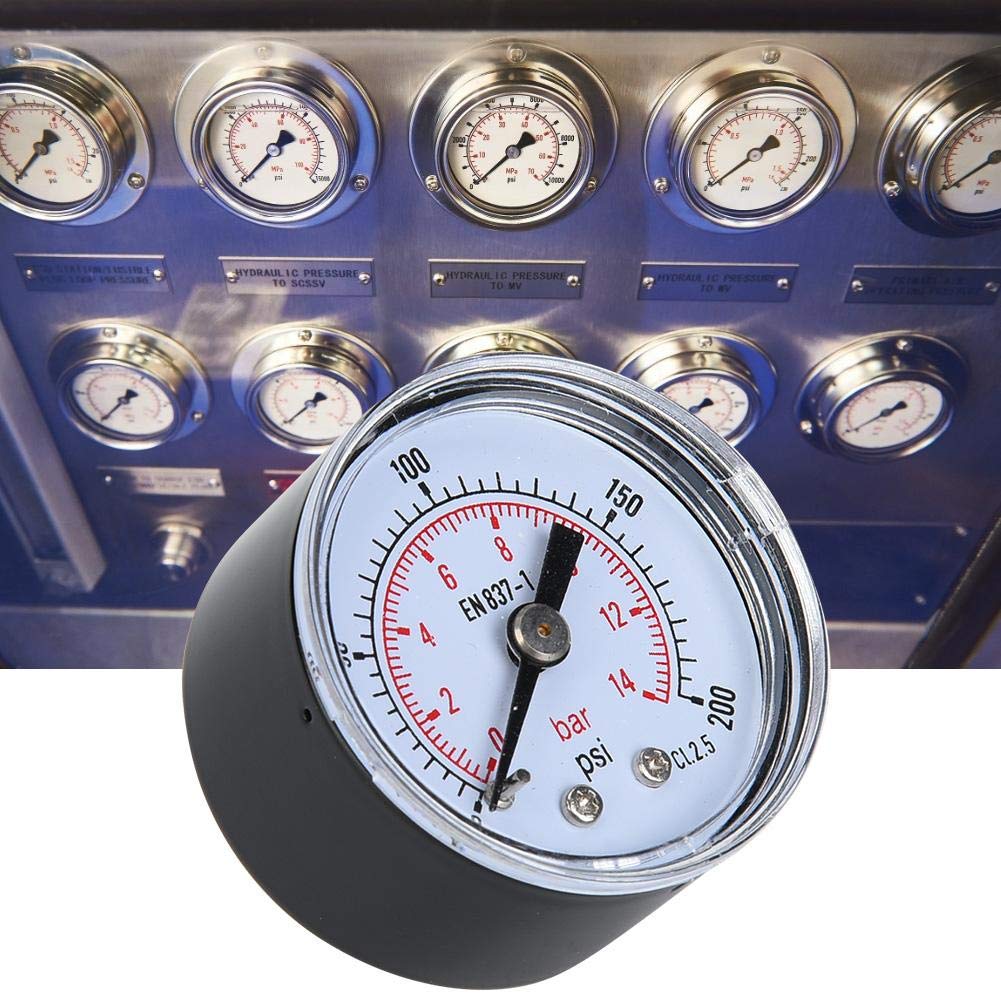 Mechaniczny manometr, 1/8 cala BSPT Osiowy manometr do powietrza, oleju i wody (0-200psi,0-14 bar)