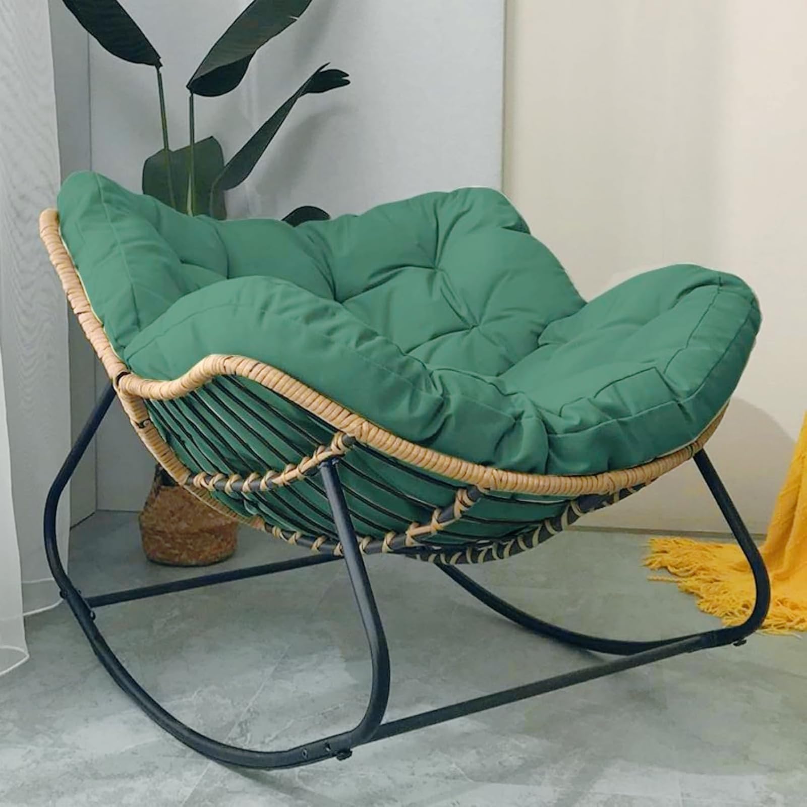 Outdoor Rocking Chair – Oversized Stainless Steel Green Velvet Cushion Rocking Egg Chair for Adults and Children, Ideal for Garden, Bedroom, Living Room, Terrace, with Rattan Accents (Green,Small) — image 1