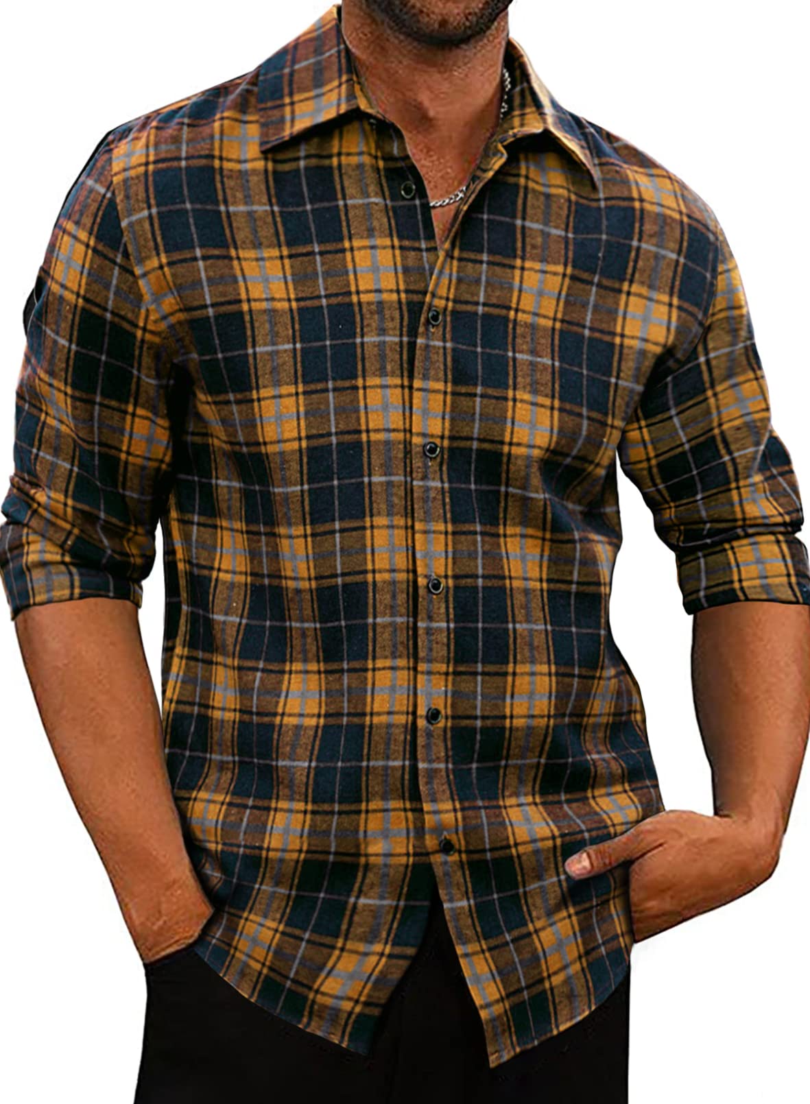 JMIERRMens Flannel Shirts Casual Long Sleeve Button-Down Plaid Brushed Cotton Shirt
