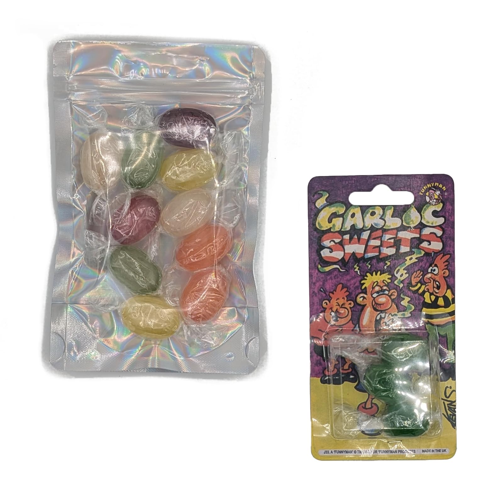 ihootPranks for Adults & Kids Practical Jokes Sweet Bundle Dare Challenge - Mix of Joke & Normal Sweets - Party Bag Fillers for Kids - 1 Pack of Garlic Sweets & 1 Pack of Fruit Flavour Hard Candies