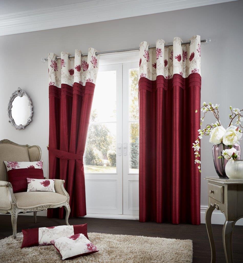 LIZZIE JACOBS KOH Floral Eyelet Top Curtains Luxury Fully Lined Ring Top Curtain Pairs With Tie Backs Living Room Bed Room Curtains (66" (Width) x 90" (Drop), Deep Red)
