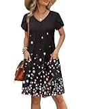 Womens Summer Dresses 2025 Tulip Petal Short Sleeve V Neck Loose Swing Sundresses with Pockets Plain/Print