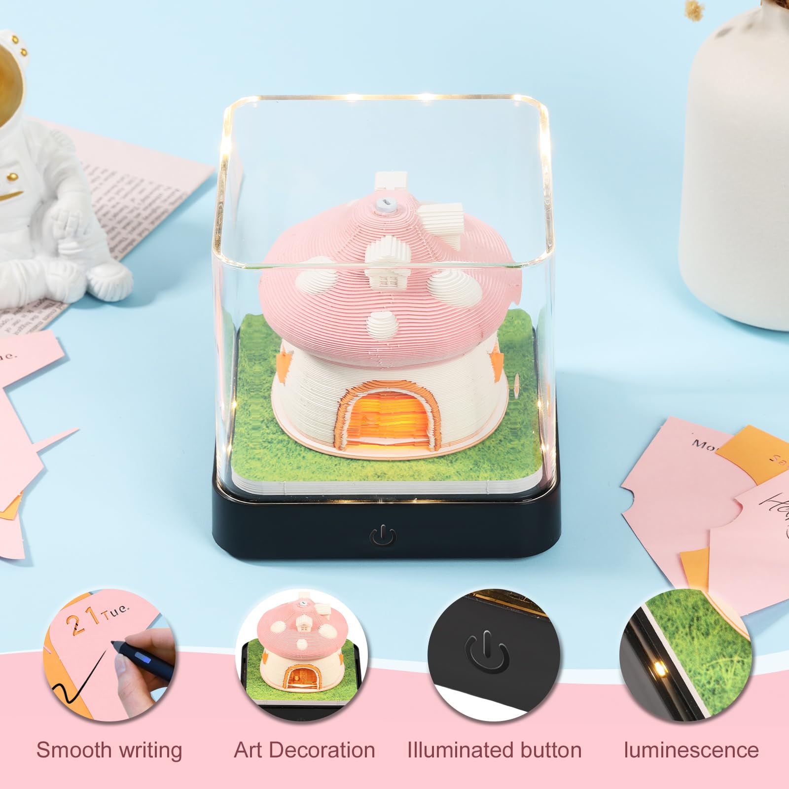 Schreibtisch kalender mit LED-Lichtern, 2025 Kalender 3D Memo Pad Papier Kreative 3D Notizblock Papier, Countdown Kalender Schnitzen Geschenk Desktop Dekoration (Rosa Pilz)