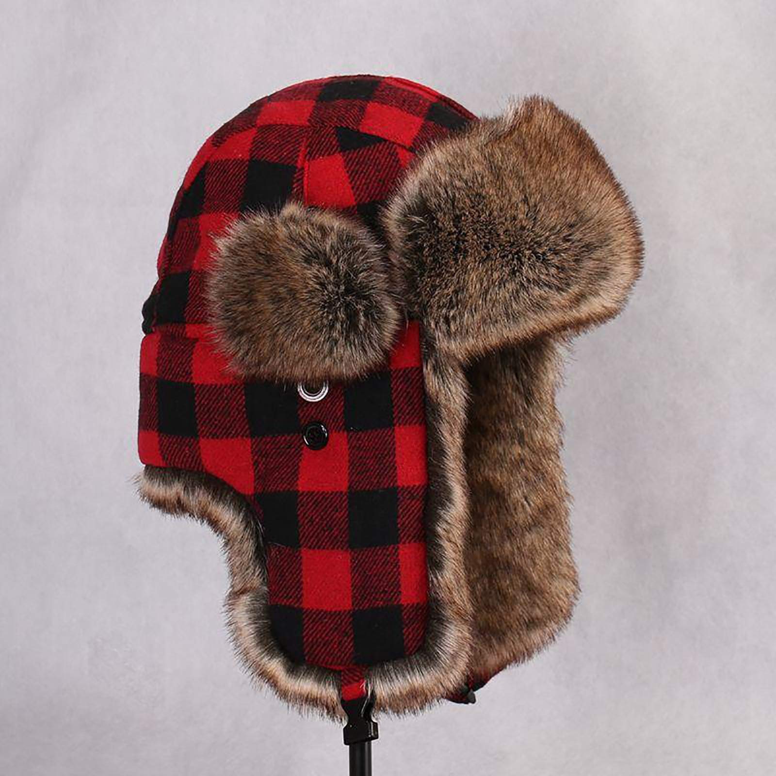 Cappelli Invernali, Cappello Unisex in Lana a Quadri Cappello con paraorecchie in Pelliccia Sintetica Cappello Invernale all'aperto Sci Neve Caldo Spesso Foderato(Red-62cm)