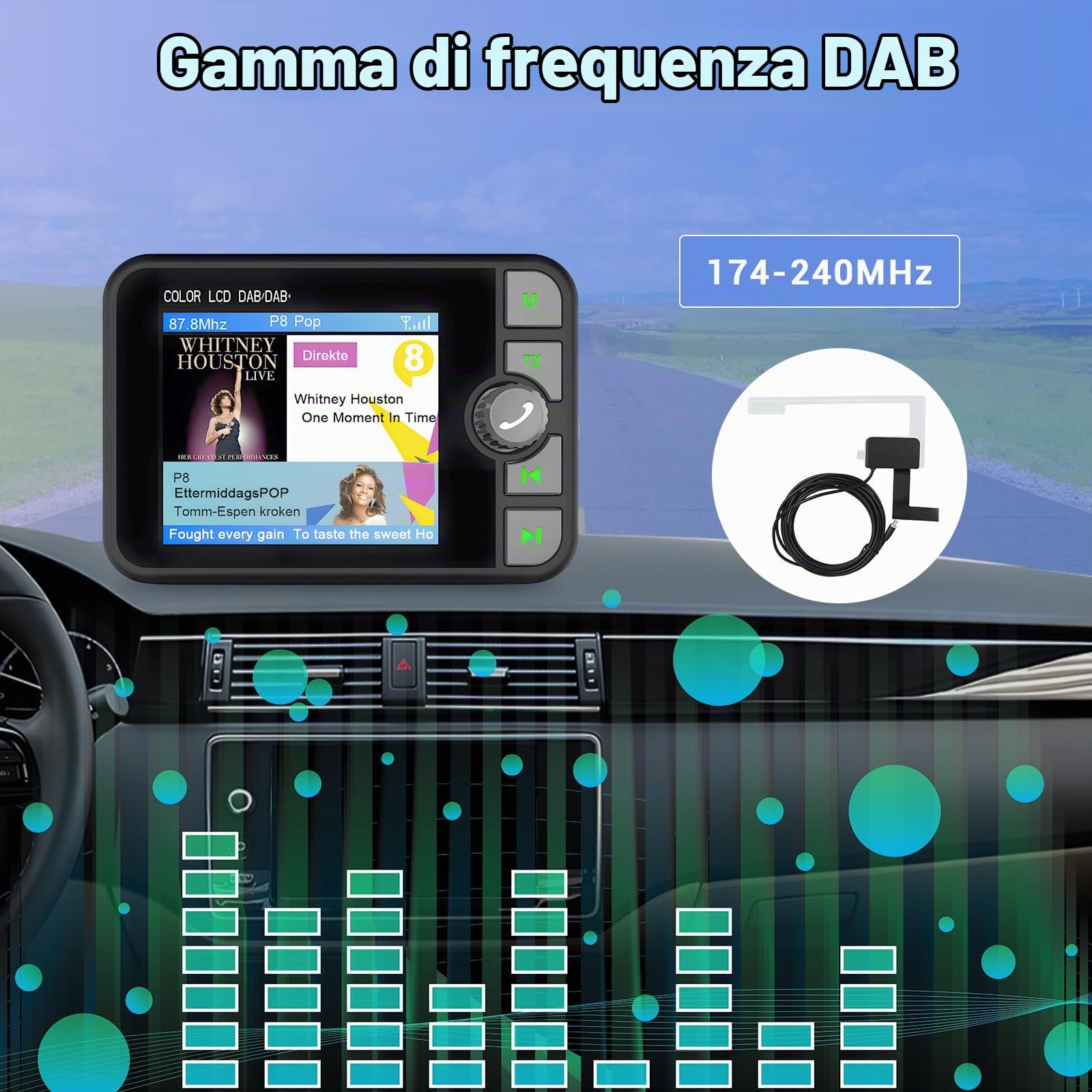 Inefala Adattatore radio digitale DAB DAB+ per autoradio, 2,4 pollic display LCD da con Music Bluetooth+Trasmettitore DAB/FM+Aux-In/Out+TF Card Music Play+Caricatore da Auto