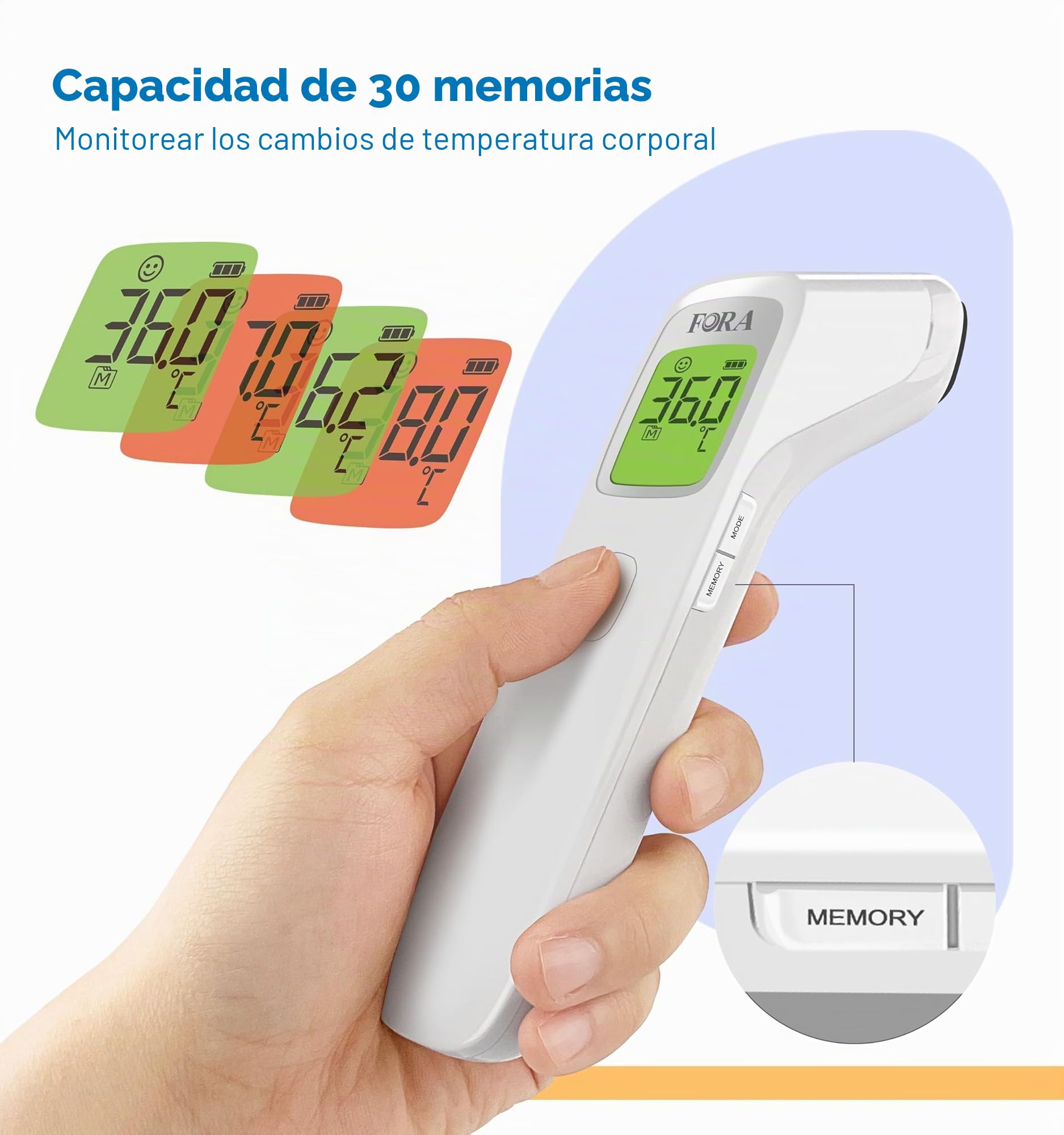 FORA IR42 Termómetro de frente - Termómetro infrarrojo para fiebre, sin contacto, medición inmediata y precisa para bebés, adultos y objetos, indicador LED y advertencia de fiebre