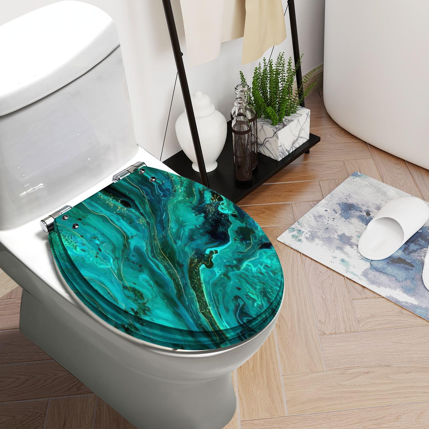 Round Toilet Seat Green marble gold abstract texture Abstract marbling natural luxury Resin Toilet Seat Quietly Slow Close with Quick-Release Hinges Toilet Seat with Cover Easy to Clean Install