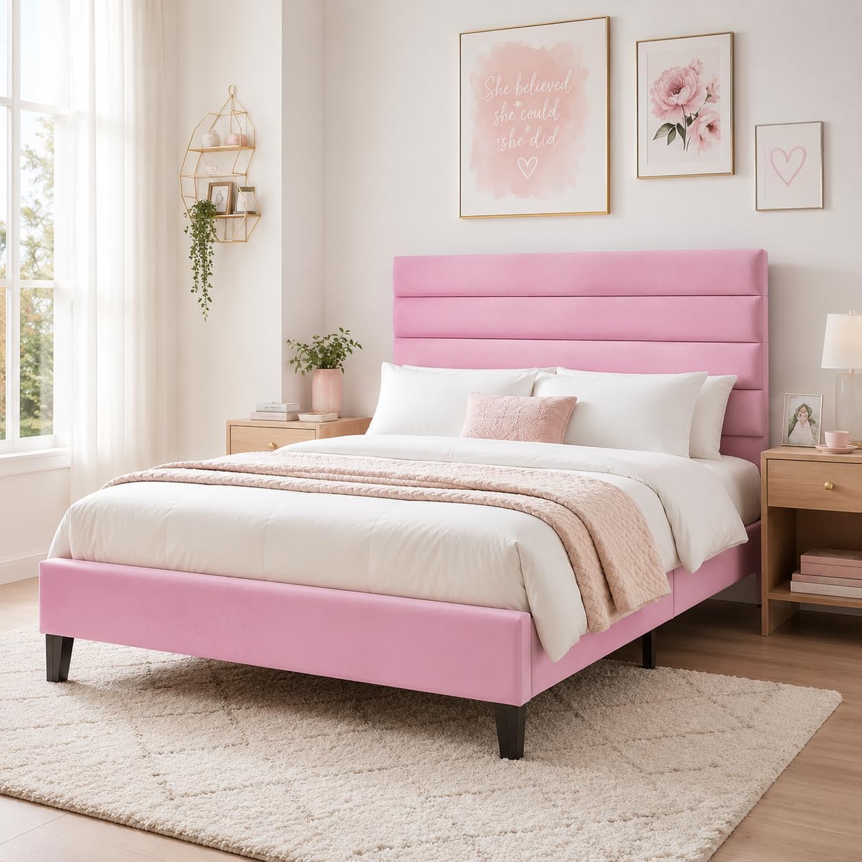 IMMERSTABLE Queen Bed Frame with Velvet Upholstered Headboard, No Box Spring Platform Bed, for Bedroom Master Bedroom Guest Room, Metal & Wood Slats Support, Noise-Free Easy Assembly, 800 lbs, Pink