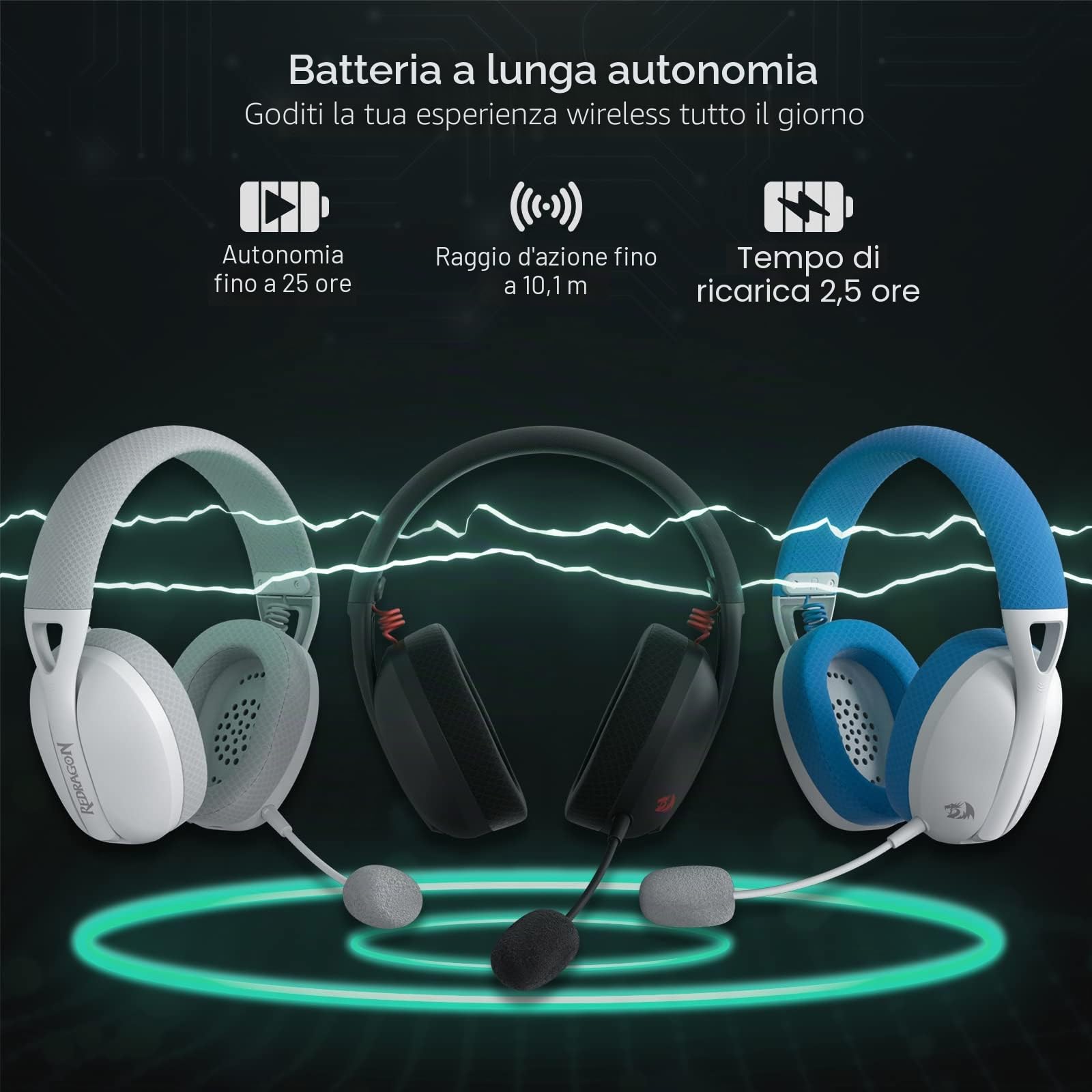 Redragon H848 BT Cuffie Gaming Senza Fili Leggere 7.1 Surround | Driver da 40 mm, microfono staccabile, compatibile con PC PS5 Switch dispositivi mobili