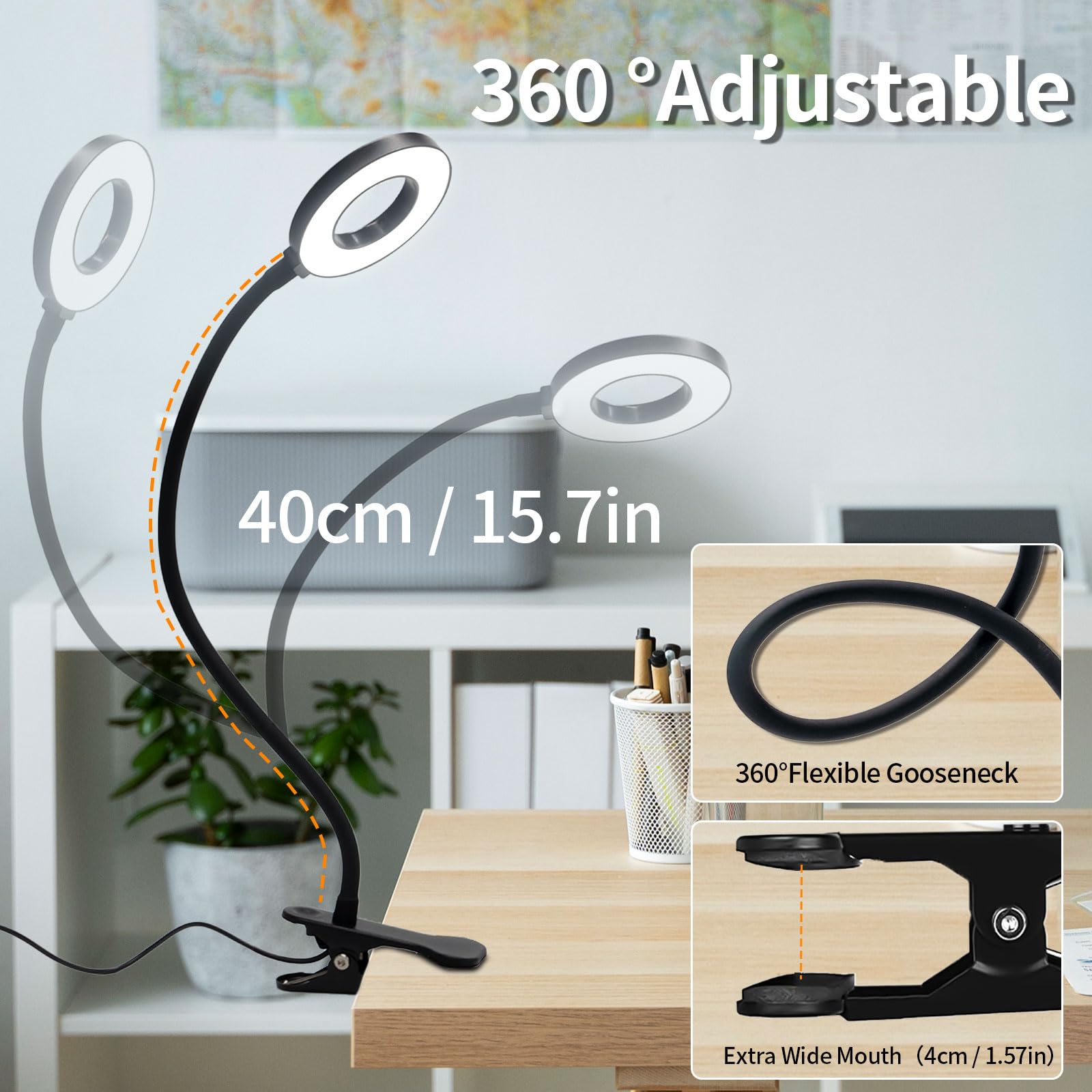 LQWELL® Lampa Biurkowa LED Z Klipsem, Pierścieniowa Lampka Do Czytania Do Domowego Biura, 3 Temperatury Barwowe, 10 PoziomÓW Jasności I Płynne Przyciemnianie, Elastyczność 360° (Długość Szyi 40 CM)