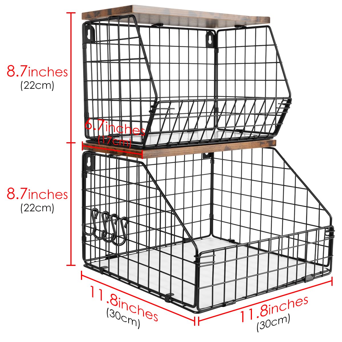 2-Tier Wall Mounted Fruit Basket With Wood Lid - Stackable Kitchen Countertop Storage For Veggies & Snacks - View #5