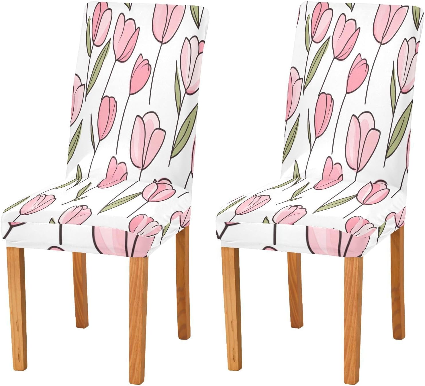 ALAZA Chair Covers for Dining Room, Cute Doodle Pink Tulips Stretch Chair Cover Sets Chair Protector Removable Washable for Ktichen Restaurant Hotel
