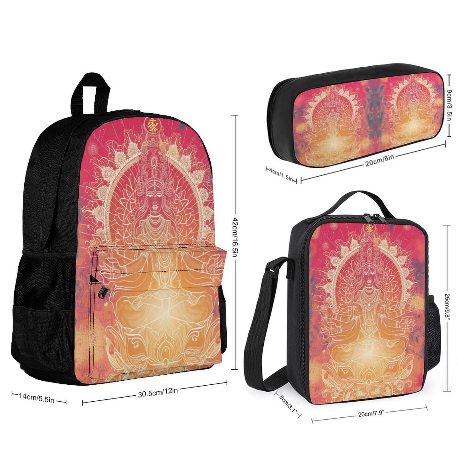 Ensemble de Sac à Dos Bouddha Fille Primaire 3 Pièce, Cartable Enfant Bouddhisme Scolaire avec Sacs à Déjeuner et Trousse Crayon, Sac Ecole Fille pour CP CE CM 8-13 ans