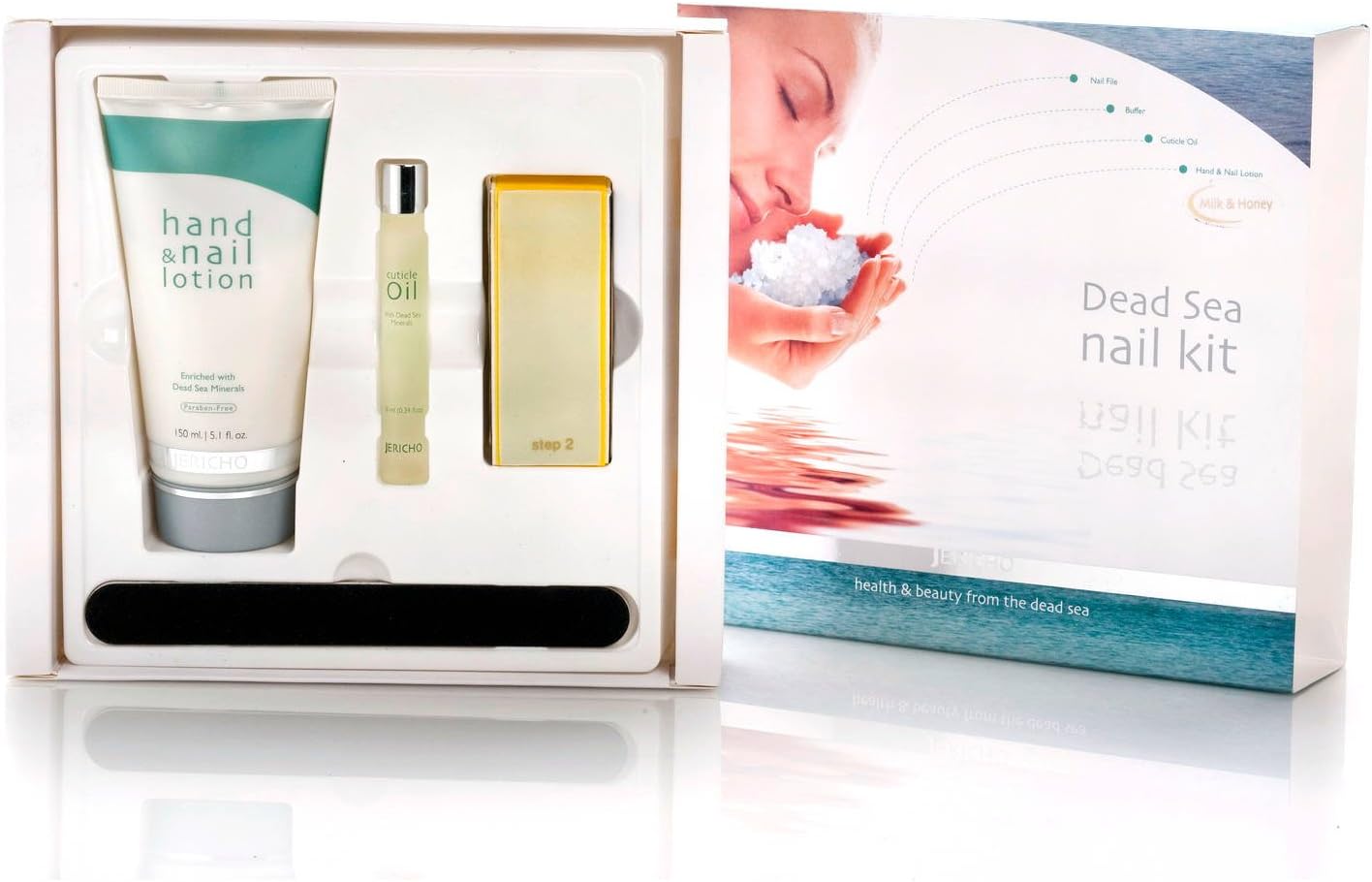 Jericho Cosmetics Nail Care Kit with Minerals from the Dead Sea - Nail Care Set Includes: Cuticle Oil, Mineral-Based Hand Cream, Nail File and Buffer (Milk & Honey)