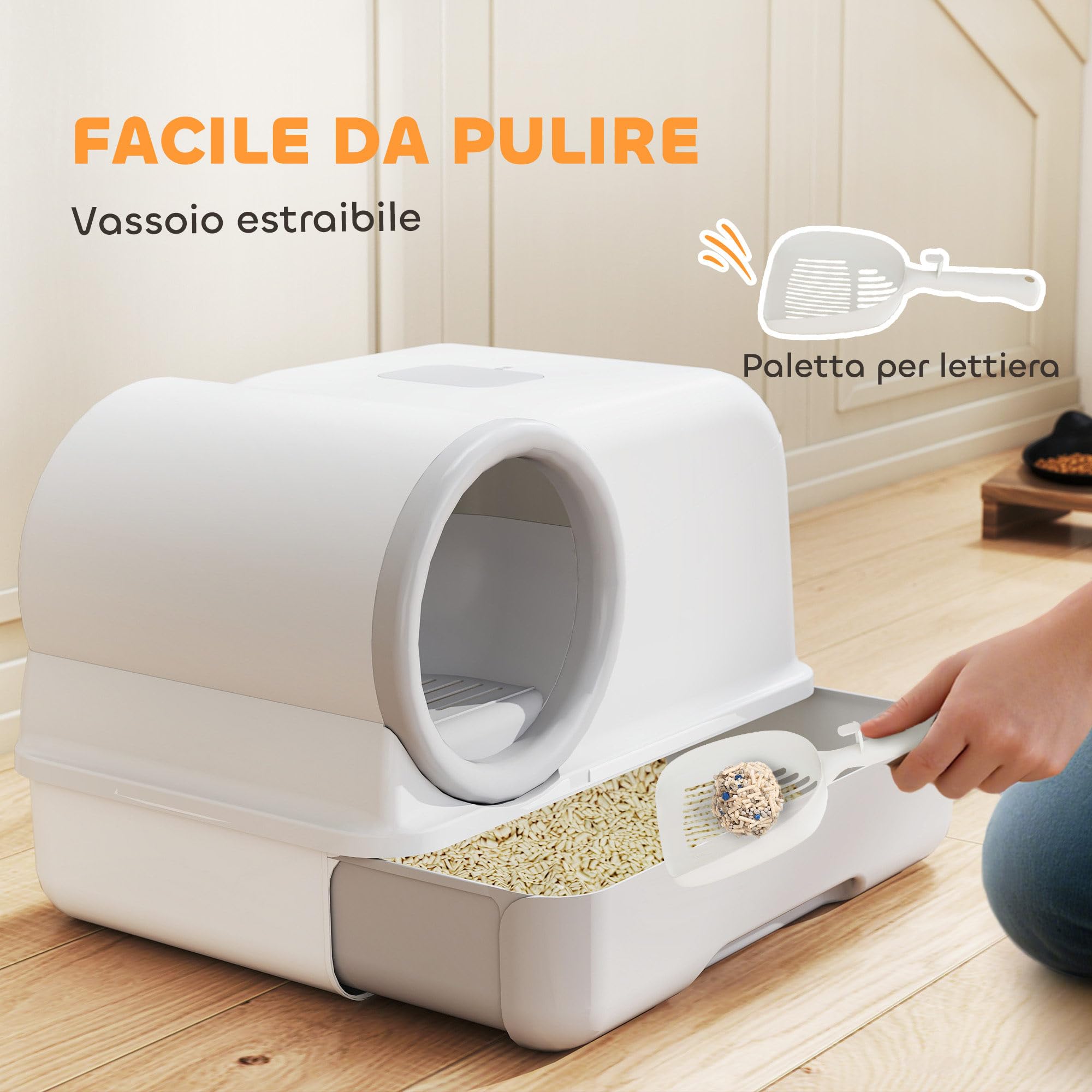 PawHut Lettiera per Gatti con Coperchio, Facile da Pulire, Bianco e Grigio | Toilette per Gatti, Vassoio con Paletta, Sacchetti Deodoranti