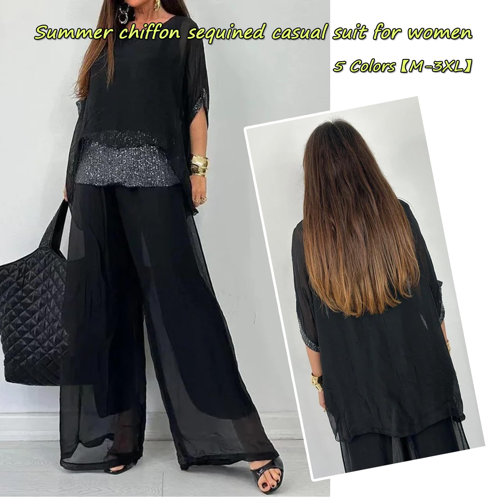 2024 Sommer-Chiffon-Pailletten, lässiger Anzug für Damen, elegante Chiffon-Hose mit weitem Bein, zweiteiliges Set, Hosenanzüge für Damen, Hochzeit