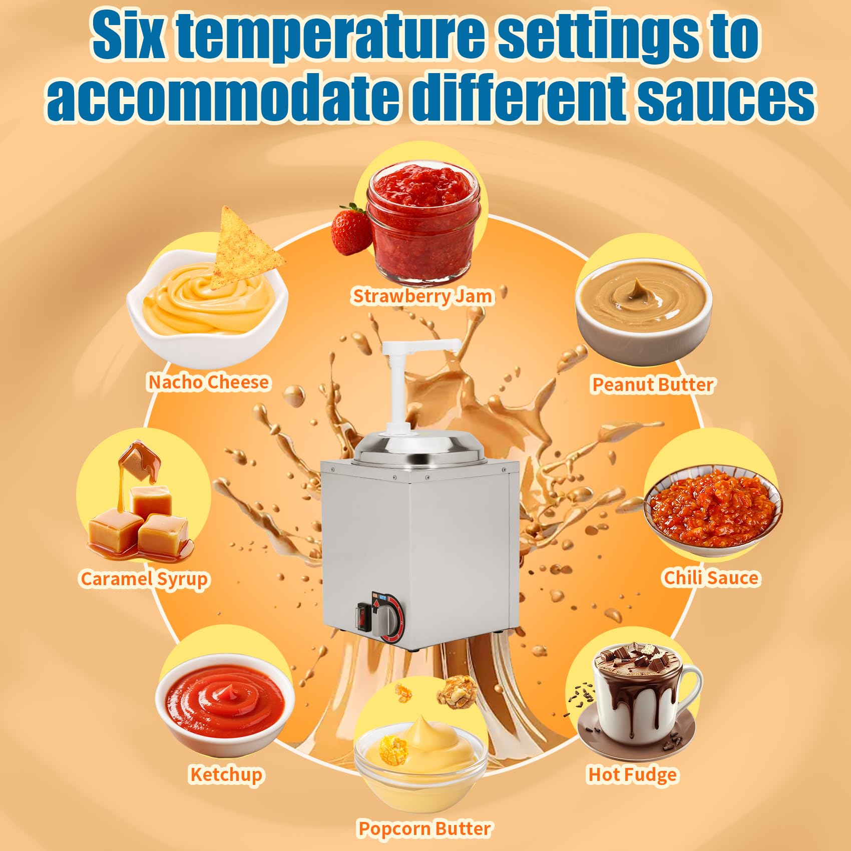 Dispensador de queso Nacho, dispensador de queso nacho de 2.8 cuartos con bomba, dispensador eléctrico de dulce caliente con ajuste de temperatura de 6 niveles, dispensador de queso comercial de acero