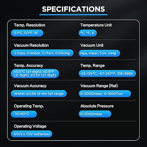 Miniatura 5 de AUTOOL Juego de medidores de vacío digital, medidor de vacío digital HVAC, con modo de evacuación, prueba de fugas de presión, rango de 0-2000 mbar,