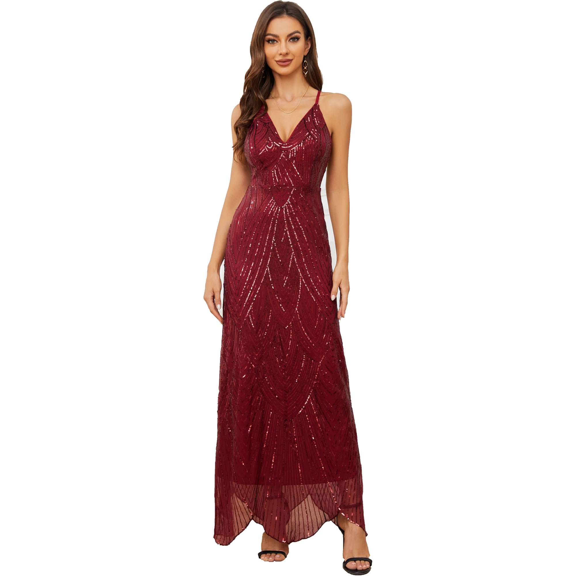 ALEXQUEEN V Neck Spaghetti Straps Sequin Sparkly Glitter Irregular Hem Prom Dress