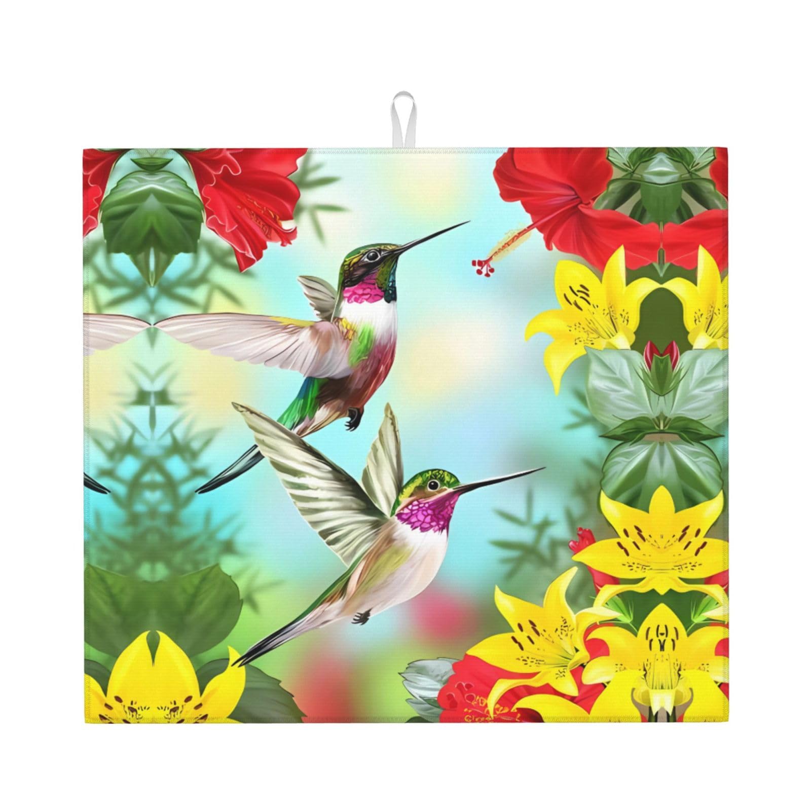 YYHHAOFA Hummingbirds Red Flower Hibiscus Prints Kitchen Drying Mat – Absorbent Dish Throw for Countertops, Quick-Dry Non-Slip Layer with Stylish Prints, for New Homes