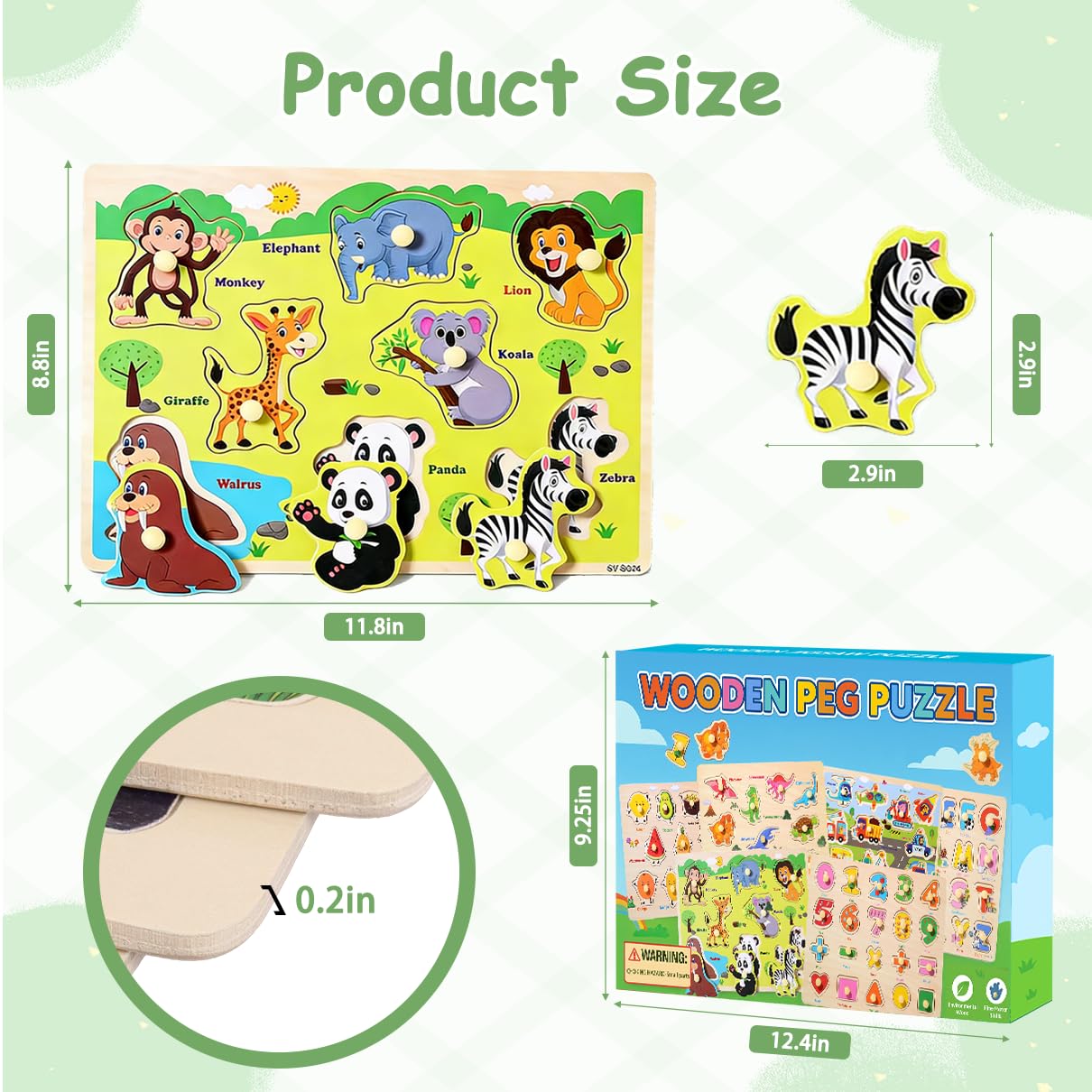 6er-Pack Holz-Puzzles für Kleinkinder und Vorschüler im Alter von 2–4 Jahren | Montessori-inspiriertes Lernspielzeug, Alphabet, Zahlen & Mathematik, Tiere, Dinosaurier, Früchte und Fahrzeuge