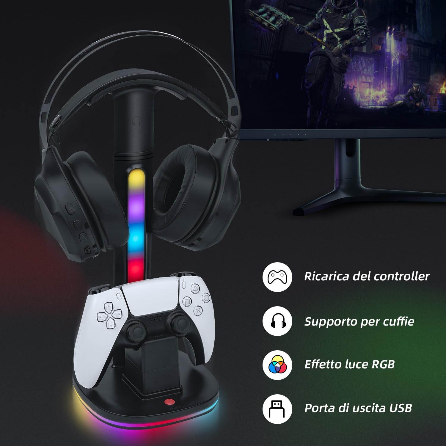 Base Stazione di Ricarica per Controller PS5 con Cuffie RGB e Supporto per Controller, Porta Cuffie con 2 porte USB per Caricatore per Joystick Playstation 5 DualSense Edge Accessori Gaming