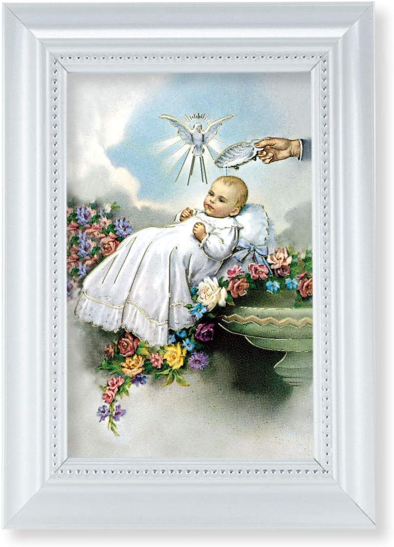 Baby Baptism Picture, Pearlized White 5-1/2"x7 Frame, Beaded Lip, Under Glass