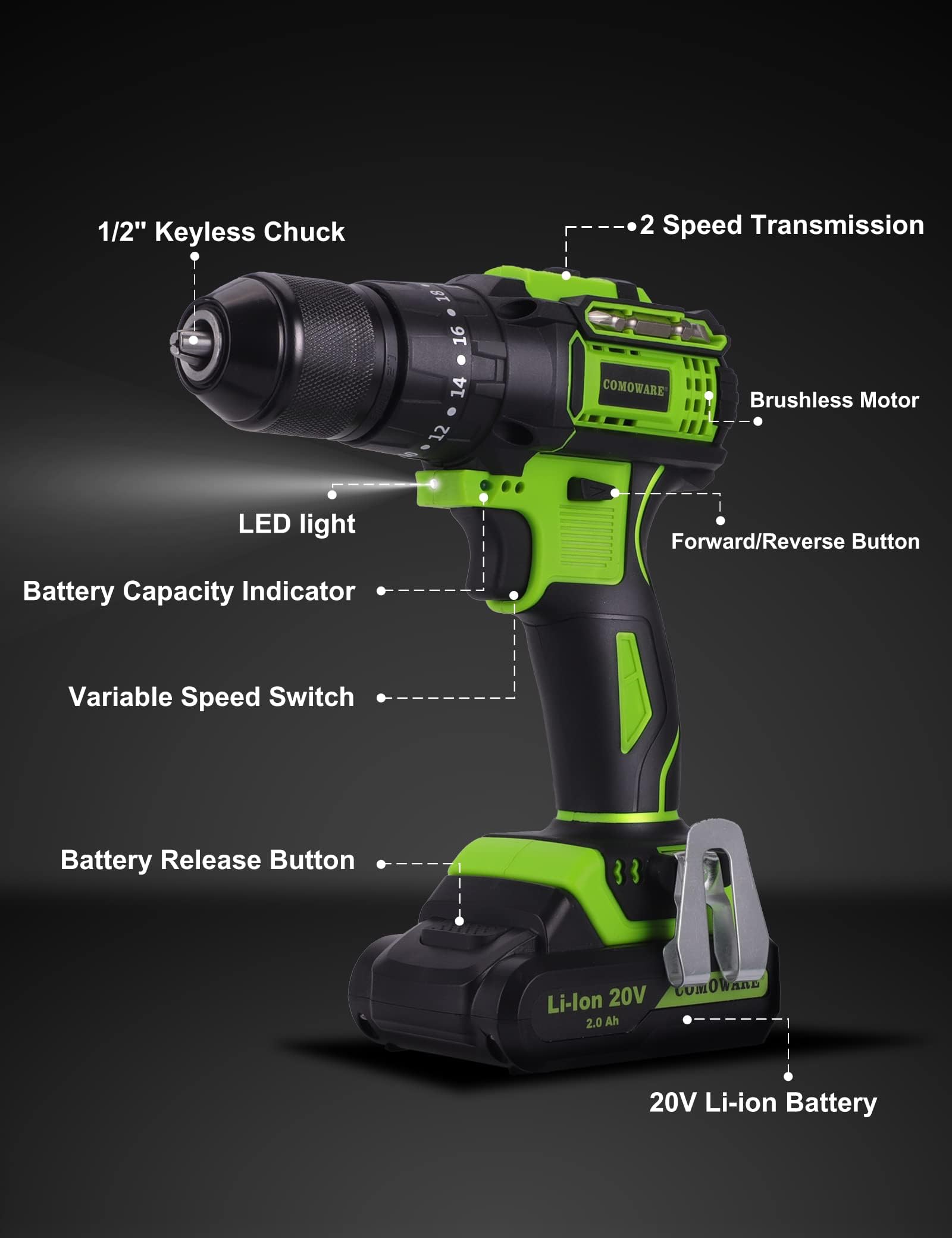 COMOWARE 20V Cordless Drill, 1/2' Keyless Chuck, Brushless Motor, 530 In-lbs Torque, 2 x 2.0Ah Li-ion Batteries, 1-H Fast Charger, 23pcs Accessories