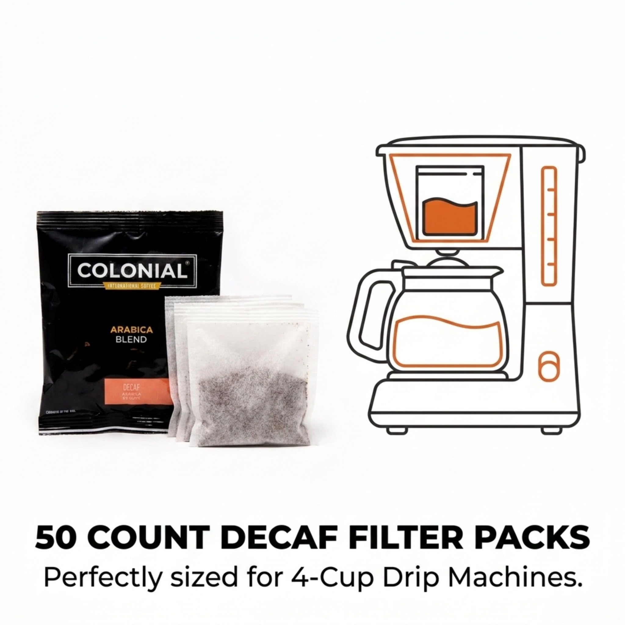 Colonial - Confezione di filtri per caffè decaffeinato macinato decaffeinato, per camere d'albergo, tostatura scura decaffeinata, 14,2 g (confezione da 50), da utilizzare con macchina da caffè a