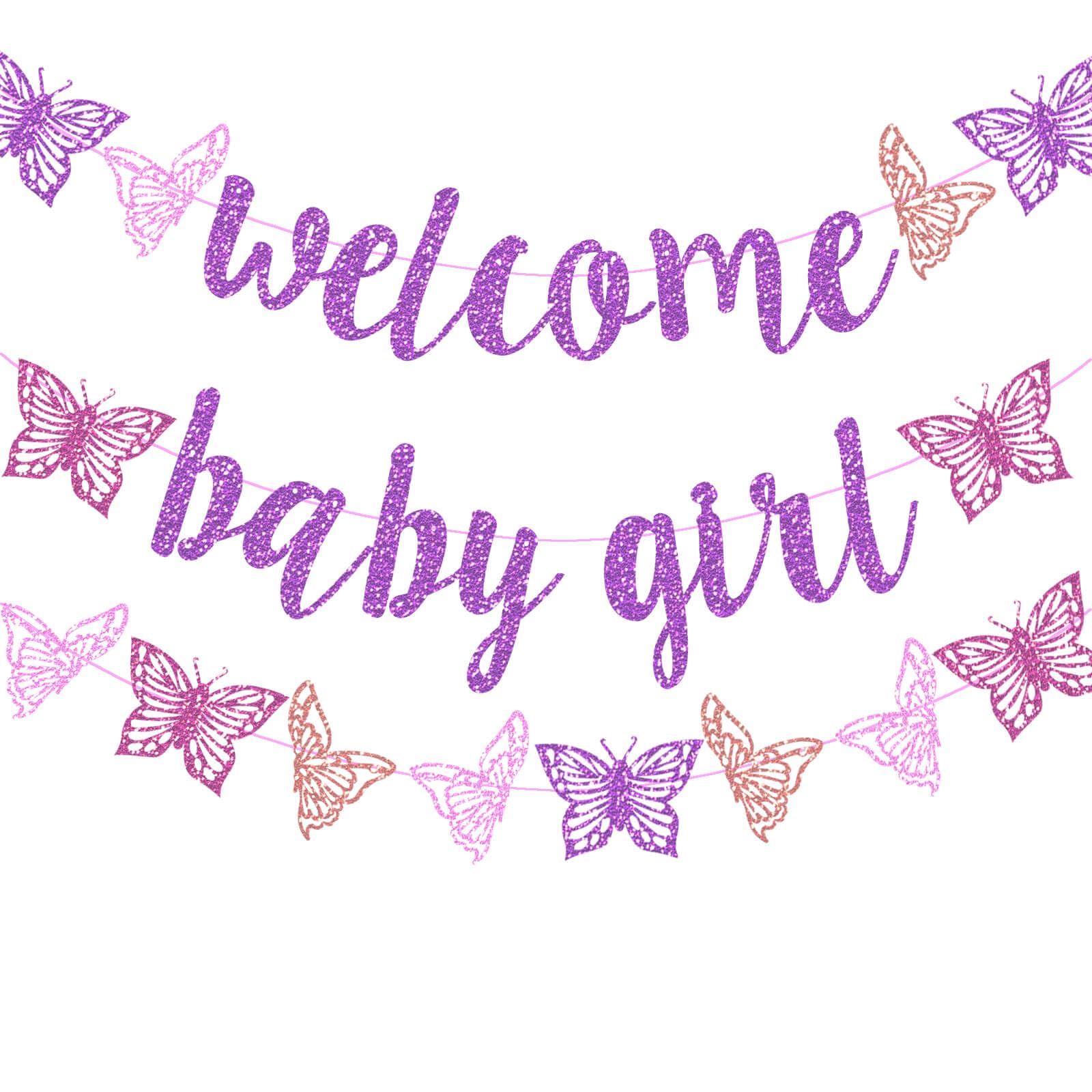 Butterfly Welcome Baby Girl Banner Purple Glitter Butterfly Baby Girl Banner for Butterfly Themed Pregnancy Announcement Gender Reveal 1st Birthday