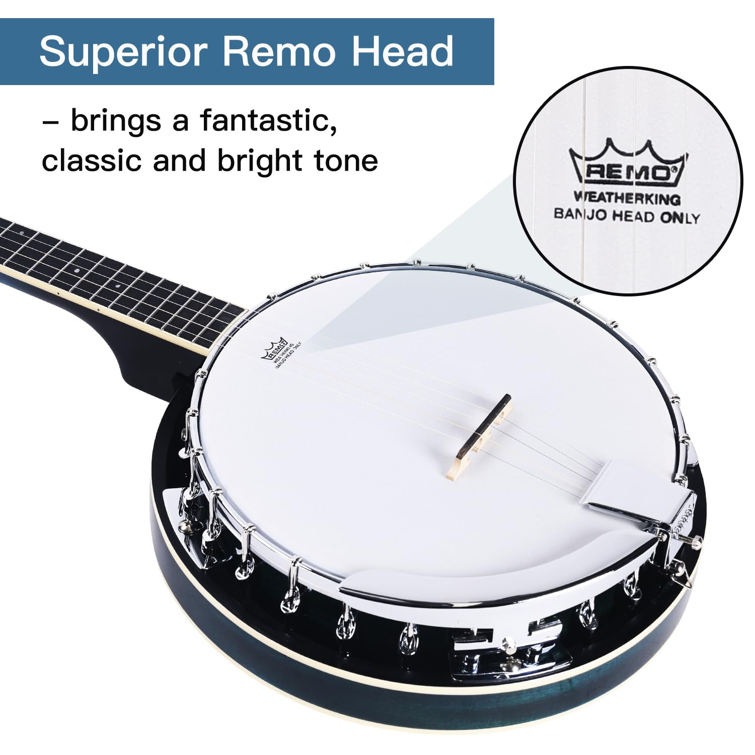 ADM Banjo-Set mit 5 Saiten, volle Größe, 96,5 cm, Remo Drum Geared 5. Stimmgerät, Anfänger-Banjo-Set mit Resonator, offen, geschlossener Rückseite, Geschenkpaket, kostenloser Unterricht,