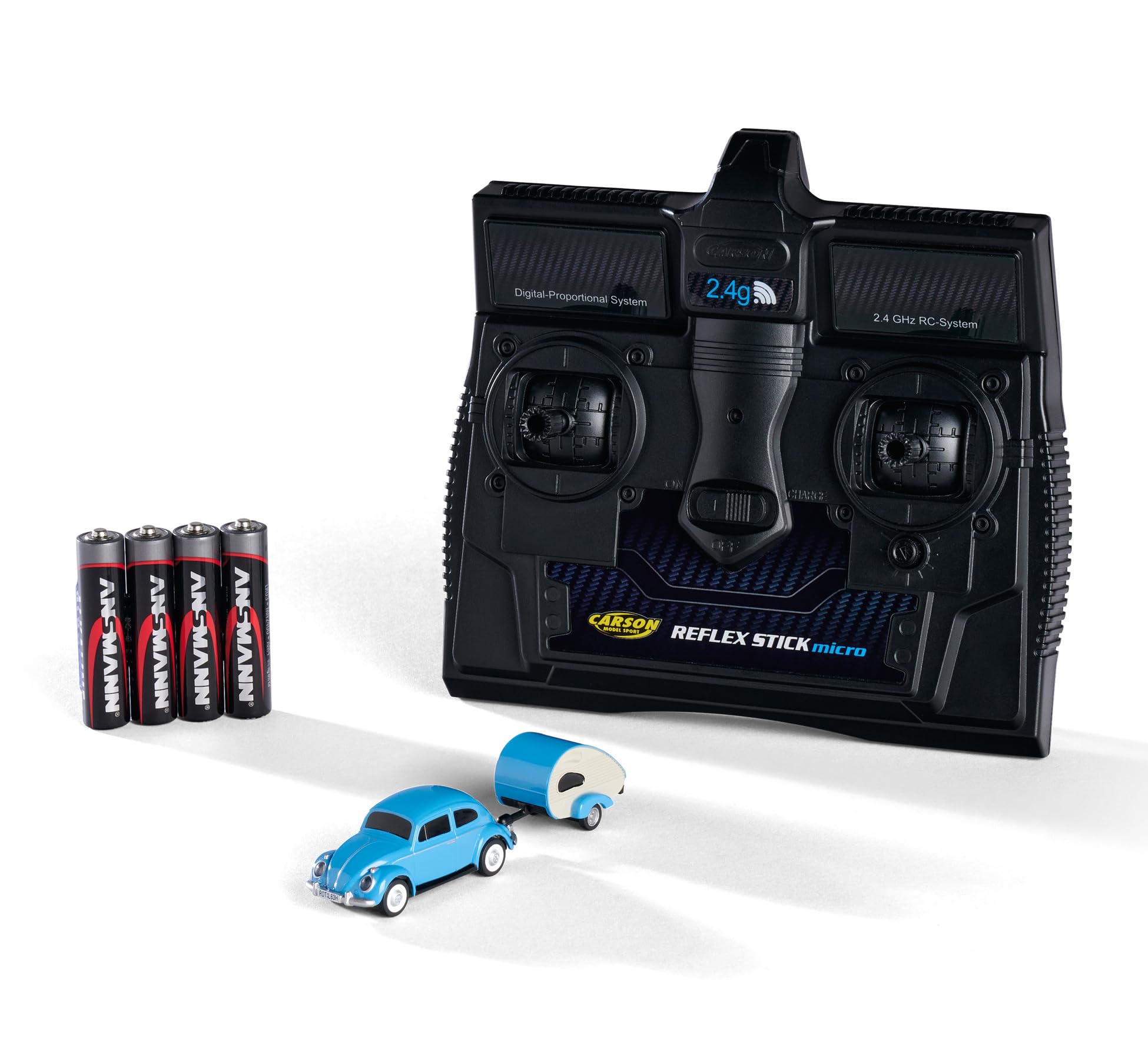 Carson 500504148 1:87 VW Beetle mit Anhänger 2.4G 100% RTR - Fahrfertiges Modell, RC Auto, H0 Auto,RC Modell,Diorama Fahrzeug