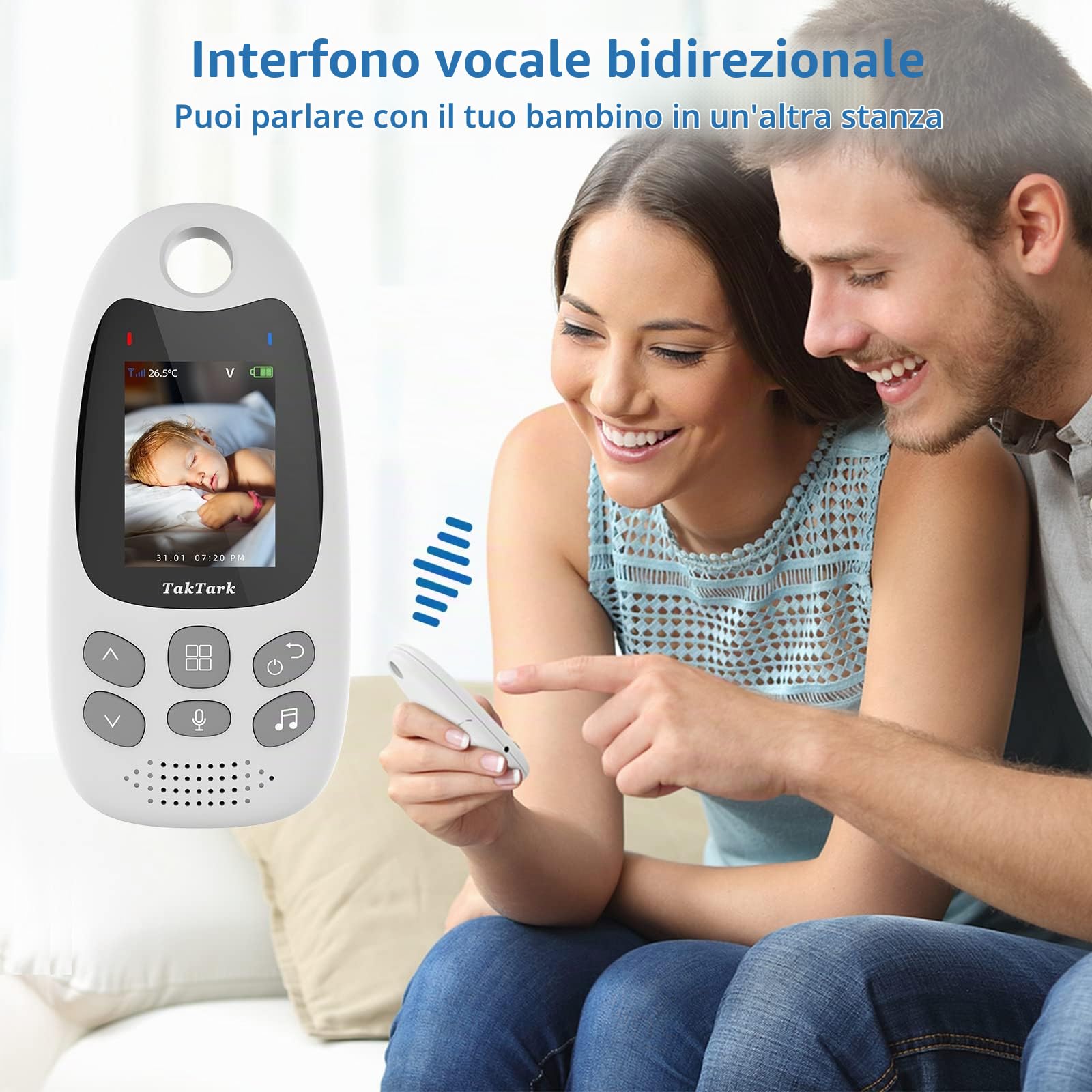 TakTark Baby Monitor, 2.0'' Videocamera Baby Monitor Video e Audio con Visione Notturna Telecamera Bambini con Monitor con Sensore di Temperatura e VOX, Monitor Bambini Ninne Nanne