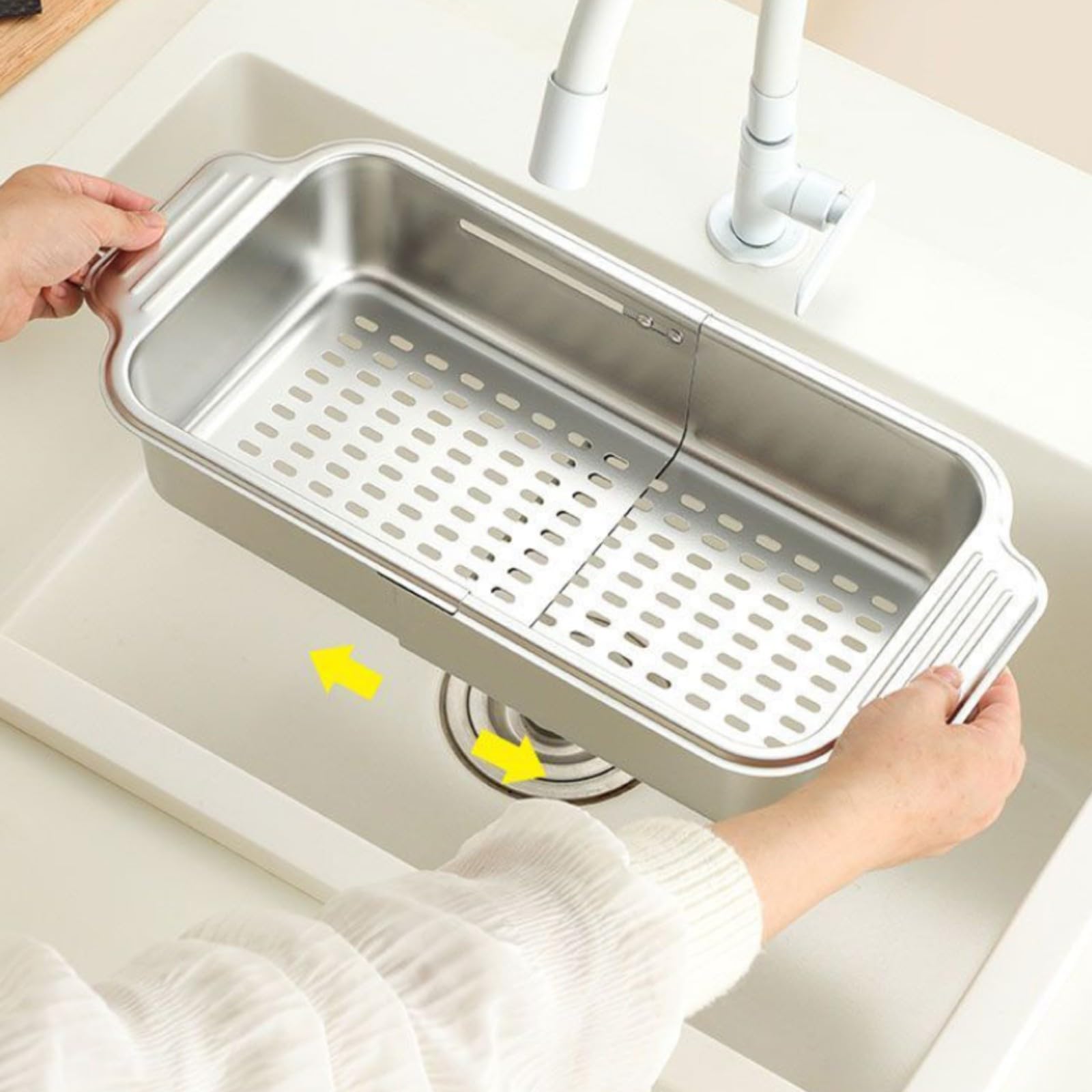 Cestino Drenante da Lavello in Acciaio Inox Regolabile Scolapiatti Rettangolare in Acciaio Inox Robusto Colino per Preparazione Cibi, L
