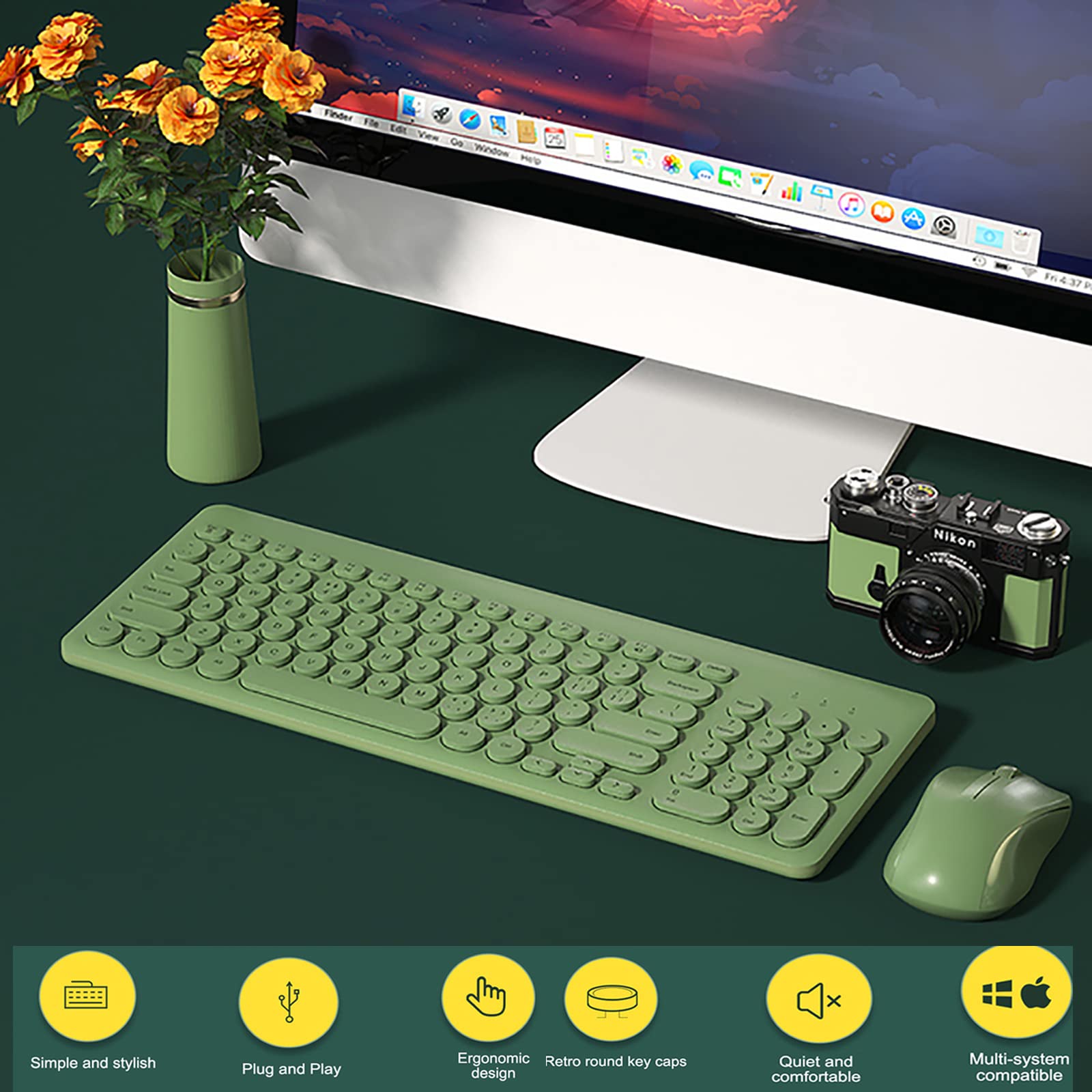 Wireless Keyboard and Mouse Combo,JieruiDeng 2.4Ghz USB Cordless Full-Sized Colorful Keyboard with Numeric Keypad and Noisless Mice Set for Computer Laptop PC Gamer (Green)