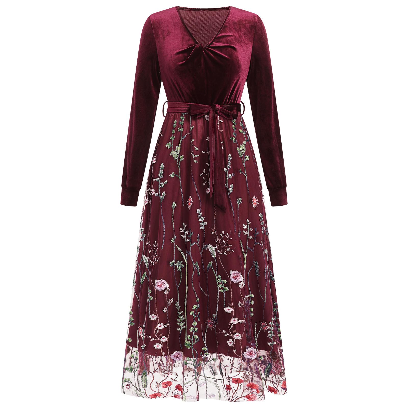 Mommy and Me Christmas Dresses Long Sleeve Floral Embroidered Layered Tulle Velvet Ruffle Dress with Belt Fall Winter Xmas Holiday Party Mom Daughter Matching Outfits Photoshoot Wine Red 6-9 Months