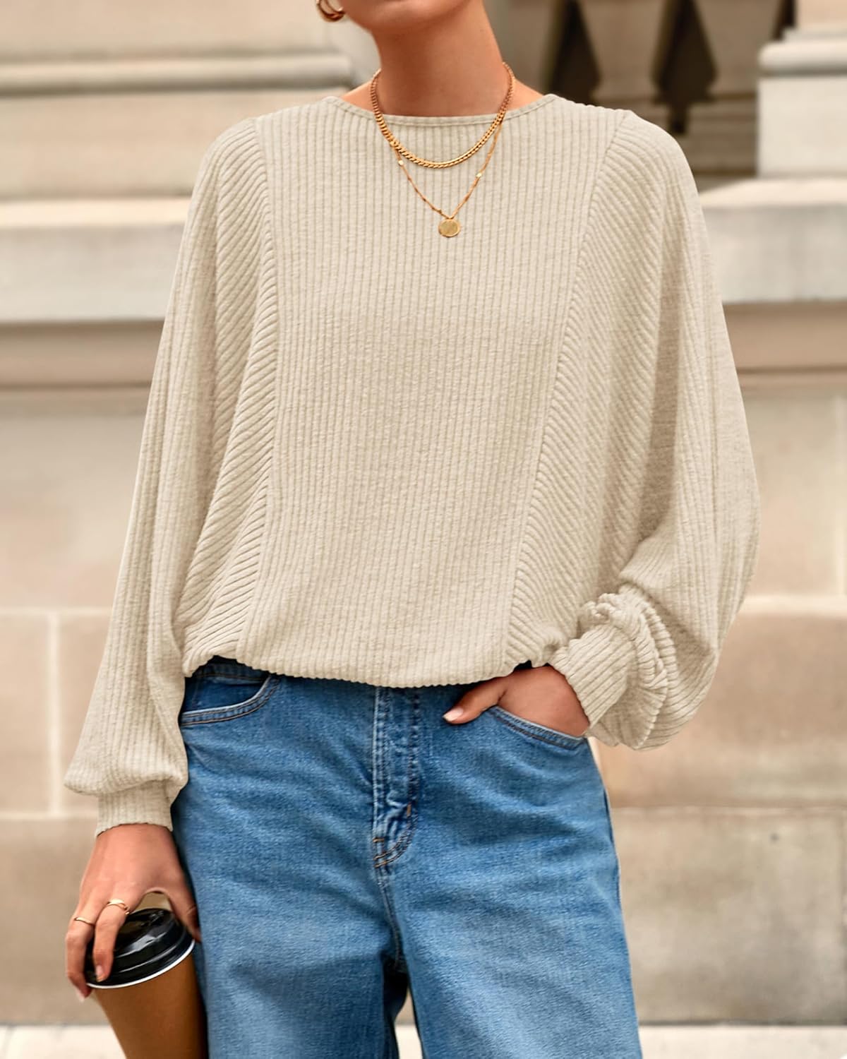 BTFBM Casual Fall Tops for Women 2025 Long Sleeves Solid Shirts Crew Neck Loose Fit Work T Shirt - Image 4