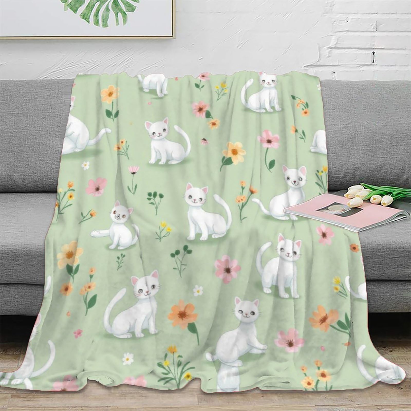 Plaid dessin animé floral chat blanc couverture cadeau 150x200